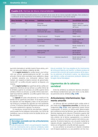 que está orientada en sentido inverso (hacia atrás y arri-
ba) y se ubica por debajo y delante de ella.
En la región torácica las carillas tienen una inclina-
ción casi vertical, aproximadamente de 80°. La carilla
articular inferior está orientada hacia adelante y abajo
y también presenta una inclinación oblicua hacia
medial, con respecto al plano coronal, de aproximada-
mente 20°. La carilla articular superior se dispone a la
inversa.
En la región lumbar las superficies de las carillas son
segmentos cilíndricos de eje vertical. La carilla inferior de
la vértebra superior es convexa y la carilla superior de la
vértebra inferior es cóncava. La carilla inferior está orien-
tada hacia lateral y adelante. La carilla superior tiene una
disposición inversa.
La cápsula de estas articulaciones se inserta en los
bordes de las superficies articulares. En la región cervical
las cápsulas son más delgadas y laxas. En las articulacio-
nes torácicas y lumbares las cápsulas son más resistentes
y firmes. El extremo lateral del ligamento amarillo se une
a la parte medial de la cápsula y la refuerza.
La membrana sinovial de las articulaciones cigapofi-
sarias puede formar pliegues meniscoides, con forma de
medialuna, que se insinúan entre los bordes de las cari-
llas articulares.
Dorsalgia asociada con las articulaciones
cigapofisarias
Estas articulaciones tienen una participación importan-
te en los movimientos de la columna vertebral y sobre
todo soportan las fuerzas de dirección sagital a las que
ésta es sometida. Son muy exigidas en los movimientos
de inclinación lateral y de rotación. La flexión produce el
aumento de la tensión de la parte posterior de la cápsu-
la y la extensión el fenómeno inverso. Las alteraciones
que afectan a estas articulaciones producen dolores en
la región dorsal (dorsalgias).
Ligamentos de la columna
vertebral
Entre las vértebras se producen diversas articulacio-
nes fibrosas (sindesmosis) que unen entre sí a las distin-
tas porciones de las vértebras (fig. 2-30).
Articulaciones interlaminares: liga-
mento amarillo
Las láminas del arco vertebral están unidas entre sí
por medio de los ligamentos amarillos, se trata de una
sindesmosis (fig. 2-31). Estos ligamentos tienen forma
cuadrangular; su ancho y su altura están determinados
por la distancia entre las láminas, que es diferente en las
distintas regiones de la columna. El extremo superior del
ligamento amarillo se inserta en la parte inferior de la
cara anterior de la lámina suprayacente y su extremo
inferior se inserta en el borde superior de la lámina sub-
yacente. El extremo lateral se une a la parte medial de la
cápsula articular cigapofisaria. En el extremo medial se
reúne con el ligamento amarillo del lado opuesto.
Su cara anterior se encuentra en relación inmediata
con el espacio epidural y su cara posterior con los mús-
Anatomía clínica
108
Cuadro 2-5. Hernias de discos intervertebrales
Disco herniado Raíz nerviosa Debilidad muscular Reflejo disminuido Sensibilidad afectada
C4-C5 C5 Deltoides Región deltoidea
Bíceps braquial Región lateral y superior
del brazo
C5-C6 C6 Bíceps braquial Bicipital Borde lateral
Extensores del carpo Braquiorradial del antebrazo
Pulgar
C6-C7 C7 Tríceps braquial Tricipital Dedo medio
C7-T1 C8 Músculos intrínsecos [Cubitopronador] Borde medial del
de la mano antebrazo
Dedo meñique
L3-L4 L4 Cuádriceps Patelar Borde medial de la
pierna
L4-L5 L5 Extensor largo del Borde lateral
dedo gordo de la pierna
Dorso del pie
L5-S1 S1 Tríceps sural Calcáneo [aquiliano] Borde lateral del pie
Planta del pie
El disco intervertebral lesionado produce la compresión de las raíces de los nervios espinales indicados. Esto conduce a
la alteración de las respuestas en el miotoma y el dermatoma correspondiente a ese nervio espinal
b027-02.qxd 7/12/11 8:38 AM Page 108
ERRNVPHGLFRVRUJ
 