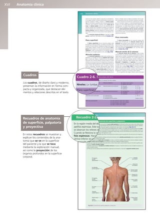 Anatomía clínica
XVI
Cuadros
Los cuadros, de diseño claro y moderno,
presentan la información en forma com-
pacta y organizada, que destacan ele-
mentos y relaciones descritas en el texto.
Recuadros de anatomía
de superficie, palpatoria
y proyectiva
En estos recuadros se muestran y
explican los contenidos de la ana-
tomía que se ve en la superficie
del paciente y la que se toca
mediante la exploración manual,
así como la proyección de los
órganos profundos en la superficie
corporal.
b027-pli.qxd 7/20/11 9:33 AM Page XVI
 