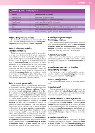 Cabeza 203
Arteria timpánica anterior
Es una rama ascendente de la arteria maxilar. Pasa
junto a la cuerda del tímpano a través de la fisura petro-
timpánica para terminar en la cavidad timpánica.
Arteria alveolar inferior
[dentaria inferior]
Esta arteria se origina cerca del cuello de la mandíbu-
la. Es una rama descendente de la arteria maxilar, que
corre entre la rama de la mandíbula y el músculo pteri-
goideo medial. Ingresa en el conducto mandibular al que
atraviesa. Antes de ingresar en el conducto mandibular
emite la rama milohioidea, que acompaña al nervio
homónimo en su recorrido por el surco milohioideo
hasta llegar al músculo milohioideo al que irriga.
Finalmente sale del conducto mandibular a través del
foramen mentoniano para irrigar las raíces dentarias a
través de las ramas dentarias, y el periodonto a través
de las ramas peridentales. La rama mentoniana es la
rama terminal de la arteria alveolar inferior. Irriga las
partes blandas del mentón y del labio inferior.
Arteria meníngea media
Esta arteria es una rama ascendente de la arteria maxi-
lar. Se ubica en dirección medial al músculo pterigoideo
lateral y se dirige hacia el foramen espinoso. Pasa por
este foramen hacia la fosa craneal media donde se divi-
de en ramas que irrigan la duramadre y el hueso de esta
región. Emite una rama accesoria que irriga la trompa
auditiva y que a veces pasa por el foramen oval hacia la
fosa craneal media, irrigando la duramadre ubicada hasta
la región del ganglio trigeminal. También da una rama
orbitaria, que llega a la glándula lagrimal después de
pasar por la fisura orbitaria superior, y que emite una rama
anastomótica para la arteria lagrimal. La arteria meníngea
media también da una rama parietal y una rama petro-
sa. La primera irriga la duramadre y el tejido óseo de los
huesos parietal y occipital. La segunda irriga la porción
petrosa del hueso temporal, anastomosándose con la arte-
ria estilomastoidea a través del hiato para el nervio petro-
so mayor. La arteria meníngea media da la arteria timpá-
nica superior, que junto al nervio petroso menor se dirige
hacia la cavidad timpánica. La rama terminal de la arte-
ria meníngea media es la rama frontal, que irriga la
duramadre y el hueso de la fosa craneal anterior.
Arteria pterigomeníngea
[meníngea menor]
Esta arteria puede originarse de la arteria maxilar o
de la arteria meníngea media. Irriga los músculos pteri-
goideos y tensor del velo del paladar, y la trompa
auditiva. Emite ramas que pasan por el foramen oval
para irrigar el ganglio trigeminal y la duramadre.
Arteria masetérica
Esta arteria, rama descendente de la arteria maxilar,
atraviesa la escotadura mandibular de medial a lateral
para llegar a la cara profunda del músculo masetero, al
que irriga.
Arterias temporales profundas
anterior y posterior
Son ramas que irrigan en profundidad las porciones
anterior y posterior del músculo temporal, respectiva-
mente, ubicándose en la fosa temporal.
Ramas pterigoideas
Las ramas pterigoideas irrigan los músculos pterigoi-
deos.
Arteria bucal
Esta rama descendente de la arteria maxilar corre por
delante y debajo del músculo buccinador para llegar
hasta la encía y la mucosa de la boca, a las que irriga.
Se anastomosa con la arteria facial.
Arteria alveolar superior posterior
Esta arteria es una rama anterior de la arteria maxi-
lar, que ingresa en el hueso maxilar a nivel de su tube-
rosidad. Durante la extracción de un molar, si se lesiona
la tuberosidad, puede ser sitio de sangrado. Sus ramas
ingresan en los conductos alveolares posteriores: son
las ramas dentarias para los molares del maxilar y las
ramas peridentales para el periodonto y la mucosa del
seno maxilar.
Arteria infraorbitaria
La arteria infraorbitaria es otra rama anterior de la arte-
ria maxilar, que ingresa en la órbita a través de la fisura
orbitaria inferior. Corre por el surco infraorbitario de
atrás hacia delante, pasa por el conducto infraorbitario
Cuadro 3-5. Fosa infratemporal
Límites
Pared anterior
Pared superior
Pared medial
Vértice
Base
Límite inferior
Límite posterior
Elementos que los forman
Tuberosidad del hueso maxilar
Parte horizontal del ala mayor del esfenoides
Lámina lateral de la apófisis pterigoides
Fisura pterigomaxilar
Abierta lateralmente hasta la cara medial de la rama de la mandíbula
Plano horizontal al nivel del borde inferior del hueso maxilar
Porción timpánica y apófisis estiloides del hueso temporal
b027-03.qxd 7/12/11 2:36 PM Page 203
ERRNVPHGLFRVRUJ
 
