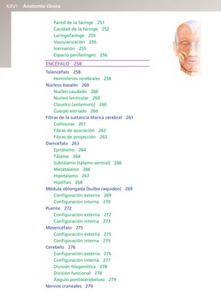 Anatomía clínica
XXVI
Pared de la faringe 251
Cavidad de la faringe 252
Laringofaringe 255
Vascularización 255
Inervación 255
Espacio perifaríngeo 256
ENCÉFALO 258
Telencéfalo 258
Hemisferios cerebrales 258
Núcleos basales 260
Núcleo caudado 260
Núcleo lenticular 260
Claustro [antemuro] 260
Cuerpo estriado 260
Fibras de la sustancia blanca cerebral 261
Comisuras 261
Fibras de asociación 262
Fibras de proyección 263
Diencéfalo 263
Epitálamo 264
Tálamo 264
Subtálamo [tálamo ventral] 266
Metatálamo 266
Hipotálamo 267
Hipófisis 268
Médula oblongada [bulbo raquídeo] 269
Configuración externa 269
Configuración interna 270
Puente 272
Configuración externa 272
Configuración interna 273
Mesencéfalo 275
Configuración externa 275
Configuración interna 275
Cerebelo 276
Configuración externa 276
Configuración interna 277
División filogenética 278
División funcional 278
Ángulo pontocerebeloso 279
Nervios craneales 279
b027-pli.qxd 7/20/11 9:34 AM Page XXVI
ERRNVPHGLFRVRUJ
 