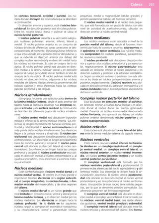 Cabeza 265
las cortezas temporal, occipital y parietal. Los nú-
cleos dorsales incluyen los tres núcleos que se describen
a continuación.
En dirección anterior y superior, está el núcleo late-
ral dorsal. En dirección posterior está el núcleo pulvinar.
Entre los núcleos lateral dorsal y pulvinar se ubica el
núcleo lateral posterior.
El núcleo pulvinar presenta a su vez cuatro subgru-
pos nucleares pulvinares: anterior, inferior, lateral y
medial. El núcleo pulvinar anterior es un conjunto de
núcleos difíciles de diferenciar, cuyas conexiones se des-
conocen hasta el momento. El núcleo pulvinar inferior es
el que está ubicado en la porción inferior del pulvinar, y
que se extiende en dirección anterior por debajo del
complejo nuclear ventrobasal y en dirección medial hasta
los núcleos intralaminares. Es sitio de sinapsis de la vía
óptica. El núcleo pulvinar lateral está ubicado en direc-
ción medial a la lámina medular lateral y en dirección
superior al cuerpo geniculado lateral. También es sitio de
sinapsis de la vía óptica. El núcleo pulvinar medial está
ubicado en dirección inferior, adyacente a los núcleos
mediales del tálamo. Recibe aferencias provenientes del
colículo superior y envía eferencias hacia las cortezas
parietal, prefrontal y del cíngulo.
Núcleos intralaminares
Son grupos nucleares que están ubicados dentro de
la lámina medular interna, desde el polo anterior del
tálamo hasta la comisura posterior. Sus eferencias lle-
gan al estriado y a la corteza cerebral. A continuación
se describen los diferentes grupos de núcleos intralami-
nares.
El núcleo central medial está ubicado en la porción
medial e inferior de la lámina medular interna. Sus efe-
rencias se dirigen principalmente hacia las cortezas pre-
frontal y orbitofrontal. El núcleo centromediano es el
más grande de los núcleos intralaminares. Sus eferencias
llegan a la corteza motora y al estriado. El núcleo cen-
tral lateral está ubicado en dirección posterior al núcleo
centromediano. Sus eferencias se dirigen principalmente
hacia las cortezas parietal y temporal. El núcleo para-
central está ubicado en dirección lateral al núcleo cen-
tromediano. Sus eferencias se dirigen hacia las cortezas
prefrontal y occipital. El núcleo parafascicular está ubi-
cado en dirección medial al núcleo centromediano y, al
igual que este último, envía eferencias a la corteza moto-
ra y al estriado.
Núcleos mediales
Están conformados por el núcleo medial dorsal y el
núcleo medial ventral. El primero es el más grande e
importante. Reciben aferencias de la región subcorti-
cal, el cuerpo amigdalino, los núcleos basales, la for-
mación reticular del mesencéfalo, y de otras regiones
del tálamo.
El núcleo medial dorsal es un núcleo grande que
está limitado en dirección rostral, ventral y lateral por la
lámina medular interna, y en dirección medial por los
núcleos medianos. Sus eferencias se dirigen hacia la
corteza prefrontal. Se lo divide en los siguientes
núcleos, según su composición enzimática histoquímica
y su citoarquitectura: lateral o parvocelular (células
pequeñas), medial o magnocelular (células grandes) y
porción paralaminar (células de distintos tamaños).
El núcleo medial ventral es el núcleo más peque-
ño, que está formado por un grupo de células con alto
nivel de actividad de acetilcolinesterasa, ubicadas en
dirección anterior al núcleo central medial.
Núcleos medianos
Los núcleos medianos están ubicados a nivel de la
porción medial del tálamo, desde el foramen inter-
ventricular hasta la comisura posterior, subyacentes en
el epéndimo del tercer ventrículo. Los núcleos media-
nos comprenden los núcleos: paratenial, paraventricu-
lar, reuniens y romboide.
El núcleo paratenial está ubicado en dirección infe-
rior y superior a los núcleos anterodorsal y paraventricu-
lar, respectivamente. El núcleo paraventricular está
ubicado en dirección inferior al núcleo paratenial y en
dirección superior y posterior a la adhesión intertalámi-
ca. Según su relación anterior o posterior con esta últi-
ma se los divide en núcleos paraventriculares anterior y
posterior, respectivamente. El núcleo reuniens está ubi-
cado en dirección ventral a la adhesión intertalámica y el
núcleo romboide está en dirección inferior al epéndimo
del tercer ventrículo.
Complejo nuclear posterior del tálamo
Está localizado en dirección anterior al pulvinar,
en dirección inferior al núcleo dorsal medial y en direc-
ción dorsal al núcleo dorsal del cuerpo geniculado
medial. Presenta un núcleo anteromedial denominado
núcleo limitante, otro que está por debajo del núcleo
pulvinar anterior denominado núcleo posterior y un
núcleo suprageniculado.
Núcleo reticular
Este núcleo está ubicado en la cara lateral del tála-
mo entre la lámina medular externa y la cápsula interna.
Núcleos ventrales
Estos núcleos ocupan la mitad inferior del tálamo.
Se dividen en: un complejo ventrobasal, un comple-
jo ventral medial, un complejo ventral lateral, un
núcleo ventral anterior, un núcleo ventral interme-
dio, un núcleo ventral posterior interno y un núcleo
ventral posterior parvocelular.
El complejo ventrobasal está formado por los
núcleos ventrales posterolateral y posteromedial. El
primero recibe aferencias del tracto espinotalámico y del
lemnisco medial. Sus eferencias se dirigen hacia la cir-
cunvolución poscentral. El núcleo ventral posterome-
dial está ubicado en dirección medial al núcleo ventral
posterolateral y en dirección lateral al núcleo centrome-
diano. Una porción de este núcleo tiene células peque-
ñas, por lo que se denomina porción parvocelular. Sus
aferencias provienen del lemnisco trigeminal.
El complejo ventral medial está ubicado en direc-
ción medial al complejo ventral lateral. Está formado por
los núcleos: ventral medial basal, que recibe aferen-
cias gustativas, ventral medial principal y submedial.
El complejo ventral lateral está ubicado entre los
núcleos reticular y dorsomedial del tálamo. Está forma-
b027-03.qxd 7/12/11 2:37 PM Page 265
ERRNVPHGLFRVRUJ
 
