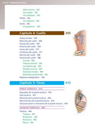 Anatomía clínica
XXVIII
Oído interno 339
Vía coclear 342
Vía vestibular 343
Olfato 343
Vía olfatoria 343
Gusto 343
Vía gustativa 343
Capítulo 4: Cuello 355
Hueso hioides 358
Músculos del cuello 358
Fascias del cuello 367
Arterias del cuello 369
Venas del cuello 375
Linfáticos del cuello 377
Nervios del cuello 380
Vísceras del cuello 386
Laringe 386
Tráquea cervical 395
Laringofaringe 396
Esófago cervical 399
Glándula tiroides 400
Glándulas paratiroides 402
Regiones topográficas 403
Capítulo 5: Tórax 413
PARED TORÁCICA 414
Esqueleto de la pared torácica 416
Caja torácica 422
Músculos de la pared torácica 426
Movimientos de la pared torácica 433
Vascularización e inervación de la pared torácica 434
CAVIDAD TORÁCICA 444
Vísceras 444
Tráquea 444
Bronquios 444
Pulmones 448
Pleura 456
b027-pli.qxd 7/20/11 9:34 AM Page XXVIII
ERRNVPHGLFRVRUJ
 