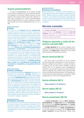Cabeza 279
Ángulo pontocerebeloso
El ángulo pontocerebeloso es el ángulo ubicado
entre el tronco encefálico y la cara anterior del hemisfe-
rio cerebeloso, y en dirección medial y posterior a la cara
posterior de la porción petrosa del hueso temporal. En
este lugar encontramos la cisterna pontocerebelosa,
espacio subaracnoideo en el que se localizan los nervios
que emergen por el surco bulbopontino (NC VI, VII, y
VIII).
Ataxia
La ataxia es el trastorno de la coordinación.
Cuando la persona conserva la fuerza motora y no
presenta apraxia, la ataxia se manifiesta con la altera-
ción en la dirección y amplitud del movimiento volun-
tario, en la postura y el equilibrio. Ante la presencia de
trastornos de coordinación en un paciente debemos
pensar cuáles son los sistemas neurológicos impli-
cados en la coordinación motora. Éstos son: el
cerebelo (vermis y hemisferios cerebelosos), el siste-
ma vestibular (utrículo, sáculo, canales semicircula-
res) y los sistemas de sensibilidad propioceptiva
consciente e inconsciente. La sensibilidad propio-
ceptiva consciente es transmitida por el nervio perifé-
rico, pasa luego por la raíz posterior hacia los cordo-
nes posteriores, el lemnisco medial, el tálamo y llega
finalmente a la corteza cerebral. La sensibilidad pro-
pioceptiva inconsciente es conducida a través de los
tractos espinocerebelosos anterior y posterior al vermis
y a los hemisferios cerebelosos. El cerebelo participa
por lo tanto en la coordinación automática del
movimiento, el equilibrio y la regulación del tono
muscular.
Ataxia cerebelosa
Se caracteriza por presentar dismetría (alteración en la
amplitud del movimiento), asinergia (alteración en
la combinación de los movimientos básicos para realizar
una acción), disdiadococinesia (alteración en la veloci-
dad y coordinación de los movimientos alternantes rápi-
dos) y discronometría (alteración en el inicio y termina-
ción de un movimiento). La ataxia cerebelosa general-
mente no mejora con ayuda visual y no empeora de
forma considerable al cerrar los ojos. Es por esto que el
signo de Romberg es negativo en los pacientes con ata-
xia cerebelosa. El signo de Romberg es positivo cuando
el paciente en posición bípeda con los pies juntos y los
ojos abiertos, tiende a caerse cuando cierra los ojos. La
ataxia cerebelosa puede asociarse a disartria, temblor en
movimiento, nistagmo e hipotonía.
Síndrome vermiano
En el síndrome vermiano el paciente presenta ataxia de
la marcha y escasa o nula ataxia de miembros. Por lo
general el temblor, la disartria, el nistagmo y la hipoto-
nía están ausentes. Sus casuas más frecuentes son el
meduloblastoma (niños) y la degeneración cerebelosa
alcohólica.
Síndrome hemisférico
En los pacientes con compromiso del hemisferio cere-
beloso aparece ataxia de los miembros ispsolaterales a la
lesión. También presentan temblor, nistagmo, hipotonía
y disartria. Este síndrome puede estar ocasionado por
tumores, secuelas infecciosas, intoxicación (alcohol), fár-
macos como la difenilhidantoína, y trastornos vasculares
encefálicos.
Nervios craneales
Los nervios craneales, con excepción del IV, son 12
pares de nervios que emergen a nivel de la base del
encéfalo y que salen del cráneo a través de la base del
cráneo. Se distribuyen a nivel de la cabeza, el cuello y las
cavidades torácica y abdominal.
Orígenes aparentes y reales de los
nervios craneales (NC)
El origen aparente de los nervios craneales corres-
ponde al sitio por el cual los nervios emergen del tronco
encefálico y el origen real corresponde al sitio donde
están ubicados los núcleos de los nervios.
Nervio terminal (NC 0)
Este nervio sólo se encuentra en el ser humano
durante el desarrollo embrionario. Por estar ubicado en
dirección medial al nervio olfatorio, y porque fue descri-
to después que los otros nevios craneales, recibe el
número cero. Es un pequeño nervio, probablemente
autónomo, cuya función se desconoce y que está locali-
zado a lo largo del nervio olfatorio entre la porción olfa-
toria y la sustancia perforada anterior. A lo largo del ner-
vio terminal encontramos dispersas un grupo de células
ganglionares que conforman el ganglio terminal.
Nervio olfatorio (NC I)
(Véase capítulo 3, Vía olfatoria.)
Nervio óptico (NC II)
(Véase capítulo 3, Vía óptica.)
Nervio oculomotor (NC III)
El nervio oculomotor contiene fibras motoras y
parasimpáticas. Su origen real está en el mesencéfa-
lo, a la altura de los colículos superiores en la sustan-
cia gris periacueductal; por delante del acueducto del
mesencéfalo encontramos el núcleo somatomotor y
en dirección posterior y medial a éste el núcleo oculo-
motor accesorio [Edinger-Westphal]. Desde estos
b027-03.qxd 7/12/11 2:37 PM Page 279
ERRNVPHGLFRVRUJ
 