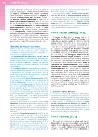 Anatomía clínica
280
núcleos parten los axones que inician su trayecto en
dirección posterior, para emerger del mesencéfalo a nivel
del espacio interpeduncular (origen aparente).
Desde allí el nervio oculomotor adopta un trayecto en
dirección anterior y lateral. Pasa por arriba y lateral a
las apófisis clinoides posteriores e ingresa en la
pared lateral del seno cavernoso. Aquí se ubica por
encima de los nervios troclear y oftálmico. Luego pasa
por la fisura orbitaria superior, por dentro del anillo
tendinoso común, e ingresa en la órbita. Los ramos
terminales son dos: un ramo superior y un ramo infe-
rior. El ramo superior inerva los músculos recto superior
y elevador del párpado superior. El ramo inferior inerva
los músculos recto medial, recto inferior y oblicuo infe-
rior. Del ramo para el músculo oblicuo inferior sale el
ramo para el ganglio ciliar: este ramo contiene las fibras
parasimpáticas preganglionares para el ganglio ciliar.
Lesiones del nervio oculomotor
La lesión del nervio oculomotor se puede producir a
nivel de sus núcleos, del fascículo, en su porción sub-
aracnoidea, en su trayecto por el seno cavernoso, o a
nivel de la fisura orbitaria superior.
Las lesiones nucleares aisladas del NC III son raras.
Clínicamente presentan debilidad de los músculos rectos
superior, inferior, interno y oblicuo menor, y el constric-
tor de la pupila ipsolaterales. También hay debilidad
muscular del recto superior contralateral y ptosis bilate-
ral incompleta.
En la lesión fascicular pura están afectados todos los
músculos ipsolaterales inervados por el NC III, y no hay
compromiso de los músculos contralaterales. Esto se
puede observar en pacientes con síndromes mesencefá-
licos de Weber, Benedikt y Claude.
El compromiso de la porción subaracnoidea del NC
III generalmente se observa como consecuencia de
lesiones compresivas (como p. ej., herniación del
uncus, aneurismas), isquémicas por diabetes o vasculi-
tis, y en las aracnoiditis basales. En las lesiones com-
presivas aparecen primero la midriasis arreactiva de la
pupila y luego la debilidad de los músculos extraocula-
res. En las lesiones isquémicas generalmente están com-
prometidas las fibras centrales del NC III y no las perifé-
ricas, que corresponden a las fibras pupilomotoras.
Como consecuencia en este tipo de lesión no hay com-
promiso del reflejo pupilar.
Cuando la lesión del NC III se produce a nivel del seno
cavernoso, generalmente encontramos lesiones asocia-
das de los NC IV y VI, y del 1º y 2º ramo del NC V.
Clínicamente la presencia de un síndrome de Horner y
paresia oculomotora es característica de una lesión a
este nivel.
A nivel de la fisura orbitaria superior, el NC III se divi-
de en un ramo superior y un ramo inferior. Si se lesiona
el ramo superior, el paciente presentará debilidad de los
músculos recto superior y elevador del párpado superior
con la consiguiente ptosis palpebral ipsolateral. Si se
compromete el ramo inferior, el paciente presentará
debilidad de los músculos rectos inferior e interno, y
oblicuo menor. Si la lesión ocurre a nivel de la fisura orbi-
taria superior también puede haber signos clínicos de
lesión de los NC IV y VI, los tres ramos del nervio oftál-
mico del NC V y las venas oftálmicas.
En líneas generales, la causa más frecuente de afec-
ción del NC III es la mononeuropatía diabética.
Clínicamente cursa con debilidad de los músculos rectos
superior, inferior, interno, oblicuo menor y constrictor de
la pupila ipsolaterales. Esto produce diplopía (visión
doble) vertical u oblicua binocular, y ptosis palpebral
(caída del párpado superior por compromiso de la iner-
vación del elevador del párpado superior).
Nervio troclear [patético] (NC IV)
El nervio troclear tiene su origen real en el
mesencéfalo, a nivel de los colículos inferiores, en la
sustancia gris periacueductal. El núcleo del nervio
troclear está conectado a las fibras corticonucleares, al
lemnisco medial, a las vías ópticas y al cerebelo. Desde el
núcleo del nervio troclear parten los axones del nervio
que adoptan un trayecto en dirección posterior,
rodeando lateralmente el acueducto del mesencéfa-
lo. Por detrás del acueducto se cruzan los nervios dere-
cho e izquierdo, y luego emergen a ambos lados del
velo medular superior (origen aparente). Es el único
nervio craneal que tiene su origen aparente posterior y
que decusa sus fibras antes de salir del tronco encefáli-
co. Luego de su salida del tronco cada nervio rodea la
cara lateral del pedúnculo cerebral correspondiente
de atrás hacia delante, e ingresa en la pared lateral
del seno cavernoso. Aquí está ubicado por debajo del
nervio oculomotor y por encima del nervio oftálmico.
Luego se ubica en dirección lateral al nervio oculomotor
y queda arriba del nervio frontal. Pasa por la fisura orbi-
taria superior, por fuera y lateral al anillo tendinoso
común, y en dirección medial a los nervios frontal y lagri-
mal. Ingresa en la órbita en la cual se sitúa entre el
techo de la órbita y el músculo elevador del párpado
superior. Emite su ramo terminal, que inerva el múscu-
lo oblicuo superior.
Lesión del nervio troclear
La causa más frecuente de compromiso del NC IV, ya
sea unilateral o bilateral, son los traumatismos craneales
(sobre todo frontales), seguidos por la neuropatía isqué-
mica por enfermedad de pequeños vasos (mononeuritis
múltiple, diabetes). Se manifiesta clínicamente con diplo-
pía vertical contralateral a la lesión, que aumenta al
mirar hacia abajo. El paciente presenta desviación de la
cabeza hacia el lado opuesto de la lesión ya que la incli-
nación hacia el mismo lado aumenta la diplopía (prueba
de la inclinación cefálica de Bielschowsky).
Nervio trigémino (NC V)
El nervio trigémino es un nervio mixto: da la inerva-
ción sensitiva de gran parte de la cabeza y la inervación
motora de los músculos de la masticación. El nervio
trigémino tiene cuatro núcleos (orígenes reales): tres
sensitivos y uno motor. A nivel del endocráneo se
b027-03.qxd 7/12/11 2:37 PM Page 280
ERRNVPHGLFRVRUJ
 