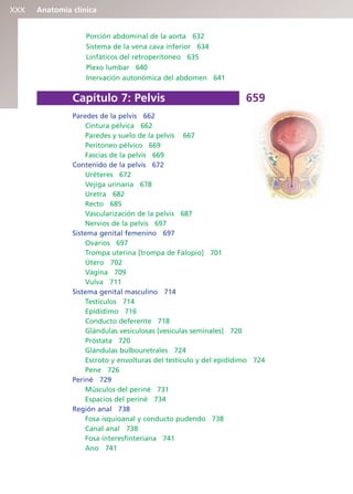 Anatomía clínica
XXX
Porción abdominal de la aorta 632
Sistema de la vena cava inferior 634
Linfáticos del retroperitoneo 635
Plexo lumbar 640
Inervación autonómica del abdomen 641
Capítulo 7: Pelvis 659
Paredes de la pelvis 662
Cintura pélvica 662
Paredes y suelo de la pelvis 667
Peritoneo pélvico 669
Fascias de la pelvis 669
Contenido de la pelvis 672
Uréteres 672
Vejiga urinaria 678
Uretra 682
Recto 685
Vascularización de la pelvis 687
Nervios de la pelvis 697
Sistema genital femenino 697
Ovarios 697
Trompa uterina [trompa de Falopio] 701
Útero 702
Vagina 709
Vulva 711
Sistema genital masculino 714
Testículos 714
Epidídimo 716
Conducto deferente 718
Glándulas vesiculosas [vesículas seminales] 720
Próstata 720
Glándulas bulbouretrales 724
Escroto y envolturas del testículo y del epidídimo 724
Pene 726
Periné 729
Músculos del periné 731
Espacios del periné 734
Región anal 738
Fosa isquioanal y conducto pudendo 738
Canal anal 738
Fosa interesfinteriana 741
Ano 741
b027-pli.qxd 7/20/11 9:34 AM Page XXX
ERRNVPHGLFRVRUJ
 