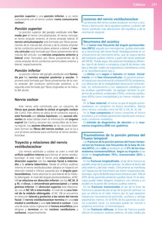 Cabeza 291
porción superior y una porción inferior, y un ramo
comunicante con el nervio coclear (ramo comunicante
coclear).
Porción superior
La porción superior del ganglio vestibular está for-
mada por el nervio utriculoampular, el nervio utricular,
el nervio ampular anterior, el nervio ampular lateral. El
nervio utriculoampular está formado por fibras prove-
nientes de la mácula del utrículo y de la creasta ampular
de los conductos semicirculares anterior y lateral. El ner-
vio utricular está formado por fibras provenientes de la
mácula del utrículo. Los nervios ampulares anterior y
lateral están formados por fibras provenientes de la
cresta ampular de los conductos semicirculares anterior y
lateral, respectivamente.
Porción inferior
La porción inferior del ganglio vestibular está forma-
da por los nervios ampular posterior y sacular. El
primero está formado por fibras provenientse de la cres-
ta ampular del conducto semicircular posterior, y el
segundo está formado por fibras originadas en la mácu-
la del sáculo.
Nervio coclear
Este nervio está constituido por un conjunto de
fibras que pasan desde la cóclea al ganglio coclear
[de Corti]. Este último se ubica en el conducto espiral y
está formado por células bipolares. Los axones afe-
rentes de estas células traen la información del órgano
espiral [de Corti] y recorren los conductillos de la lámi-
na espiral. Los axones eferentes de las neuronas bipo-
lares forman las fibras del nervio coclear, que se va a
unir al nervio vestibular para conformar el nervio vestibu-
lococlear.
Trayecto y relaciones del nervio
vestibulococlear
Los nervios vestibular y coclear se unen a nivel del
orificio auditivo interno para formar el nervio vestibu-
lococlear. A este nivel el nervio está relacionado en
dirección superior con los nervios facial e interme-
dio y la arteria laberíntica. Desde el orificio auditivo
interno el nervio vestibulococlear adopta un trayecto en
dirección medial e inferior, pasando por el ángulo pon-
tocerebeloso, hasta alcanzar la cara lateral de la médu-
la oblongada. A nivel del ángulo pontocerebeloso, el NC
VIII se relaciona en dirección inferior con los NC IX, X
y XI, el clivus, la sincondrosis petrooccipital y el seno
petroso inferior. En dirección superior está relaciona-
do con el NC VII e intermedio. A nivel de la cara late-
ral de la médula oblongada, el NC VIII se encuentra
en dirección lateral y posterior a las raíces del nervio
facial. El nervio vestibulococlear termina en una raíz
medial o vestibular y una raíz lateral o coclear. Cada
una de estas raíces ingresa en el tronco encefálico para
dirigirse y terminar en los núcleos vestibulares y
cocleares, respectivamente.
Lesiones del nervio vestibulococlear
Las lesiones del nervio coclear producen tinnitus o acú-
fenos y disminución de la agudeza auditiva. La lesión del
nervio vestibular trae alteraciones del equilibrio y de la
orientación espacial.
Neurinoma del acústico
Es el tumor más frecuente del ángulo pontocerebe-
loso (90%), seguido por meningiomas, quistes aracnoide-
os y neurinomas del nervio facial. Histológicamente es un
schwannoma de crecimiento lento, que se origina dentro
del conducto auditivo interno a partir del nervio vestibular
del VIII NC. Puede seguir dos patrones histológicos diferen-
tes: tipo A de Antoni o compacto y tipo B de Antoni más
laxo y reticular. Suelen ser esporádicos o hereditarios como
en la neurofibromatosis tipo 2.
La clínica varía según el tamaño del tumor. Inicial-
mente, en la fase intracanalicular, el paciente presen-
ta hipoacusia neurosensorial unilateral (95%) progresiva,
con alteración de la inteligibilidad (disociación tonal-ver-
bal), sin reclutamiento y con adaptación patológica en
las pruebas supraliminales. Se agregan también la pre-
sencia de acúfenos unilaterales (70%), síntomas vestibu-
lares (60%) como inestabilidad y en menor medida vér-
tigo.
En la fase cisternal, el tumor ocupa el ángulo ponto-
cerebeloso sin comprimir el tronco encefálico. Afecta
otros nervios craneales como los NC V, VII, IX, XI, XII.
En la fase compresiva el tumor comprime el tronco
encefálico y el cerebelo generando hipertensión intracra-
neal y síndrome cerebeloso.
El método de diagnóstico de elección es la reso-
nancia magnética (RM) con gadolinio.
Traumatismos de la porción petrosa del
hueso temporal
Las fracturas de la porción petrosa del hueso tempo-
ral son las fracturas más frecuentes de la base de crá-
neo (45%), pero sólo se producen en el 3% de los trau-
matismos craneoencefálicos. Según su trayecto se las
divide en longitudinales (70%), transversales (20%) y
oblicuas.
En las fracturas longitudinales, el eje de la fractura es
paralelo al eje de la porción petrosa. Se afecta el techo del
oído externo y del oído medio. Clínicamente se manifiesta
con hipoacusia de transmisión por lesión timpanoosicular,
otorragia, signo de Battle (equimosis retroauricular). Sólo el
20% de los pacientes presentan parálisis facial. En la otos-
copia puede haber desgarro timpánico con otorrea y un
escalón en la pared del conducto auditivo externo.
En las fracturas transversales el eje de la línea de
fractura es perpendicular al eje de la porción petrosa. Lo
que se afecta es el oído interno por lo que aparecen
hipoacusia neurosensorial profunda, acúfenos y vértigo
espontáneo intenso. En el 50% de los pacientes se aso-
cia a parálisis facial. La otoscopia puede ser normal o
podemos encontrar un hemotímpano.
En las fracturas oblicuas, la línea de fractura puede
afectar el conducto auditivo externo, el oído medio y/o
b027-03.qxd 7/12/11 2:37 PM Page 291
ERRNVPHGLFRVRUJ
 