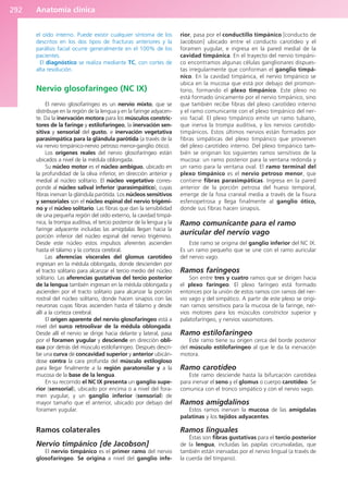 Anatomía clínica
292
el oído interno. Puede existir cualquier síntoma de los
descritos en los dos tipos de fracturas anteriores y la
parálisis facial ocurre generalmente en el 100% de los
pacientes.
El diagnóstico se realiza mediante TC, con cortes de
alta resolución.
Nervio glosofaríngeo (NC IX)
El nervio glosofaríngeo es un nervio mixto, que se
distribuye en la región de la lengua y en la faringe adyacen-
te. Da la inervación motora para los músculos constric-
tores de la faringe y estilofaríngeo, la inervación sen-
sitiva y sensorial del gusto, e inervación vegetativa
parasimpática para la glándula parótida (a través de la
vía nervio timpánico-nervio petroso menor-ganglio ótico).
Los orígenes reales del nervio glosofaríngeo están
ubicados a nivel de la médula oblongada.
Su núcleo motor es el núcleo ambiguo, ubicado en
la profundidad de la oliva inferior, en dirección anterior y
medial al núcleo solitario. El núcleo vegetativo corres-
ponde al núcleo salival inferior (parasimpático), cuyas
fibras inervan la glándula parótida. Los núcleos sensitivos
y sensoriales son el núcleo espinal del nervio trigémi-
no y el núcleo solitario. Las fibras que dan la sensibilidad
de una pequeña región del oído externo, la cavidad timpá-
nica, la trompa auditiva, el tercio posterior de la lengua y la
faringe adyacente incluidas las amígdalas llegan hacia la
porción inferior del núcleo espinal del nervio trigémino.
Desde este núcleo estos impulsos aferentes ascienden
hasta el tálamo y la corteza cerebral.
Las aferencias viscerales del glomus carotídeo
ingresan en la médula oblongada, donde descienden por
el tracto solitario para alcanzar el tercio medio del núcleo
solitario. Las aferencias gustativas del tercio posterior
de la lengua también ingresan en la médula oblongada y
ascienden por el tracto solitario para alcanzar la porción
rostral del núcleo solitario, donde hacen sinapsis con las
neuronas cuyas fibras ascienden hasta el tálamo y desde
allí a la corteza cerebral.
El origen aparente del nervio glosofaríngeo está a
nivel del surco retroolivar de la médula oblongada.
Desde allí el nervio se dirige hacia delante y lateral, pasa
por el foramen yugular y desciende en dirección obli-
cua por detrás del músculo estilofaríngeo. Después descri-
be una curva de concavidad superior y anterior ubicán-
dose contra la cara profunda del músculo estilogloso
para llegar finalmente a la región paratonsilar y a la
mucosa de la base de la lengua.
En su recorrido el NC IX presenta un ganglio supe-
rior (sensorial), ubicado por encima o a nivel del fora-
men yugular, y un ganglio inferior (sensorial) de
mayor tamaño que el anterior, ubicado por debajo del
foramen yugular.
Ramos colaterales
Nervio timpánico [de Jacobson]
El nervio timpánico es el primer ramo del nervio
glosofaríngeo. Se origina a nivel del ganglio infe-
rior, pasa por el conductillo timpánico [conducto de
Jacobson] ubicado entre el conducto carotídeo y el
foramen yugular, e ingresa en la pared medial de la
cavidad timpánica. En el trayecto del nervio timpáni-
co encontramos algunas células ganglionares dispues-
tas irregularmente que conforman el ganglio timpá-
nico. En la cavidad timpánica, el nervio timpánico se
ubica en la mucosa que está por debajo del promon-
torio, formando el plexo timpánico. Este plexo no
está formado únicamente por el nervio timpánico, sino
que también recibe fibras del plexo carotídeo interno
y el ramo comunicante con el plexo timpánico del ner-
vio facial. El plexo timpánico emite un ramo tubario,
que inerva la trompa auditiva, y los nervios carotido-
timpánicos. Estos últimos nervios están formados por
fibras simpáticas del plexo timpánico que provienen
del plexo carotídeo interno. Del plexo timpánico tam-
bién se originan los siguientes ramos sensitivos de la
mucosa: un ramo posterior para la ventana redonda y
un ramo para la ventana oval. El ramo terminal del
plexo timpánico es el nervio petroso menor, que
contiene fibras parasimpáticas. Ingresa en la pared
anterior de la porción petrosa del hueso temporal,
emerge de la fosa craneal media a través de la fisura
esfenopetrosa y llega finalmente al ganglio ótico,
donde sus fibras hacen sinapsis.
Ramo comunicante para el ramo
auricular del nervio vago
Este ramo se origina del ganglio inferior del NC IX.
Es un ramo pequeño que se une con el ramo auricular
del nervio vago.
Ramos faríngeos
Son entre tres y cuatro ramos que se dirigen hacia
el plexo faríngeo. El plexo faríngeo está formado
entonces por la unión de estos ramos con ramos del ner-
vio vago y del simpático. A partir de este plexo se origi-
nan ramos sensitivos para la mucosa de la faringe, ner-
vios motores para los músculos constrictor superior y
palatofaríngeo, y nervios vasomotores.
Ramo estilofaríngeo
Este ramo tiene su origen cerca del borde posterior
del músculo estilofaríngeo al que le da la inervación
motora.
Ramo carotídeo
Este ramo desciende hasta la bifurcación carotídea
para inervar el seno y el glomus o cuerpo carotídeo. Se
comunica con el tronco simpático y con el nervio vago.
Ramos amigdalinos
Estos ramos inervan la mucosa de las amígdalas
palatinas y los tejidos adyacentes.
Ramos linguales
Éstas son fibras gustativas para el tercio posterior
de la lengua, incluidas las papilas circunvaladas, que
también están inervadas por el nervio lingual (a través de
la cuerda del tímpano).
b027-03.qxd 7/12/11 2:37 PM Page 292
ERRNVPHGLFRVRUJ
 