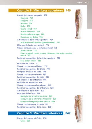 Índice XXXI
Capítulo 8: Miembros superiores 749
Huesos del miembro superior 752
Clavícula 752
Escápula 753
Húmero 754
Radio 758
Cúbito (ulna) 760
Huesos del carpo 762
Huesos del metacarpo 766
Huesos de los dedos 766
Articulaciones de la cintura pectoral 767
Articulación del hombro (glenohumeral) 770
Músculos de la cintura pectoral 773
Vías de conducción de la cintura pectoral 778
Arteria axilar 778
Plexo braquial: raíces, troncos, divisiones, fascículos, nervios,
ramos 782
Regiones topográficas de la cintura pectoral 786
Fosa axilar: límites 787
Músculos del brazo 787
Vías de conducción del brazo 792
Regiones topográficas del brazo 798
Complejo articular del codo 798
Vías de conducción del codo 802
Regiones topográficas del codo 805
Articulaciones del antebrazo 805
Músculos del antebrazo 806
Vías de conducción del antebrazo 816
Regiones topográficas del antebrazo 820
Articulaciones de la mano 820
Músculos de la mano 827
Músculos de la eminencia tenar 827
Músculos de la eminencia hipotenar 830
Grupo de la región palmar central 830
Vías de conducción de la mano 831
Regiones topográficas de la mano 836
Capítulo 9: Miembros inferiores 847
Huesos del miembro inferior 850
Coxal 850
b027-pli.qxd 7/20/11 9:34 AM Page XXXI
ERRNVPHGLFRVRUJ
 