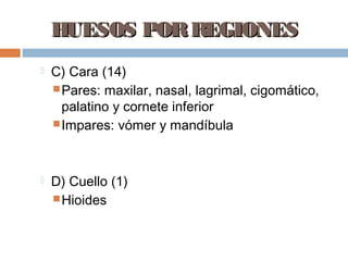 HUESOS POR REGIONES
   C) Cara (14)
     Pares: maxilar, nasal, lagrimal, cigomático,
      palatino y cornete inferior
     Impares: vómer y mandíbula




   D) Cuello (1)
     Hioides
 