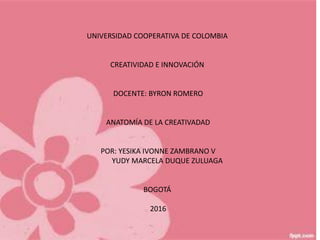 UNIVERSIDAD COOPERATIVA DE COLOMBIA
CREATIVIDAD E INNOVACIÓN
DOCENTE: BYRON ROMERO
ANATOMÍA DE LA CREATIVADAD
POR: YESIKA IVONNE ZAMBRANO V
YUDY MARCELA DUQUE ZULUAGA
BOGOTÁ
2016
 
