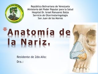 Residente de 2do Año:
Dra.:
*Anatomía de
la Nariz.
República Bolivariana de Venezuela
Ministerio del Poder Popular para la Salud
Hospital Dr. Israel Ranuarez Balza
Servicio de Otorrinolaringologia
San Juan de los Morros
 