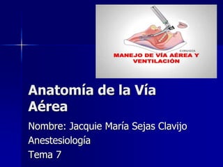 Anatomía de la Vía
Aérea
Nombre: Jacquie María Sejas Clavijo
Anestesiología
Tema 7
 