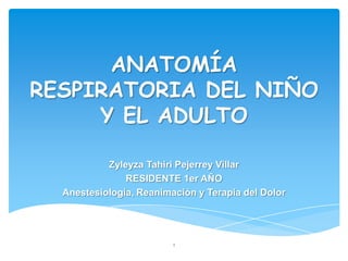 ANATOMÍA
RESPIRATORIA DEL NIÑO
Y EL ADULTO
Zyleyza Tahiri Pejerrey Villar
RESIDENTE 1er AÑO
Anestesiología, Reanimación y Terapia del Dolor
1
 
