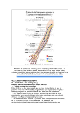 Anatomía de los nervios, arterias y venas del brazo (extremidad superior). Las etiquetas incluyen la vena cefálica, arteria/vena braquial, vena basilar, nervio músculo-esquelético, arteria colateral ulnar, arteria colateral radial, nervio/arteria/vena ulnar, arteria/vena interósea, nervio medio y nervio/arteria/vena radial. <br />TRATAMIENTO PREOPERATORIO<br />Dr. Gerardo de la Llera Domínguez (1)<br />Periodo preoperatorio en cirugía mayor electiva<br />1.- Periodo preoperatorio mediato<br />Debe dividirse en dos fases: desde que se hace el diagnóstico de que el<br />paciente tiene una enfermedad quirúrgica hasta que ingresa en el hospital y<br />desde que ingresa en el hospital hasta 24 h antes del acto operatorio.<br />1.1 1ra. Fase: Evaluación por el cirujano, auxiliado de la opinión de otros<br />especialistas como anestesiólogos, internistas, psicólogos, etc., para definir<br />el riesgo-beneficio de la operación propuesta.<br />1.1.1 Tratamiento de la anemia: El paciente debe ser operado con un mínimo<br />de 10 g de hemoglobina/100ml de sangre. Los pacientes con<br />sangramientos pequeños y repetidos en que el tratamiento médico sea<br />ineficaz, se prepararán con transfusiones de sangre o preferiblemente de<br />glóbulos rojos, considerándolos entonces como urgencias relativas.<br />1.1.2 Tratamiento del estado nutricional.<br />1.1.3 Tratamiento del desequilibrio hidromineral.<br />1.1.4 Tratamiento de la hipovolemia.<br />1.1.5 Normalización o mejoramiento de: trastornos cardiovasculares,<br />pulmonares, renales, digestivos, hepáticos, endocrinos (en especial<br />diabetes) y alérgicos.<br />1.1.6 Tratamiento de la obesidad y eliminar, de ser posible, sepsis: orofaríngea,<br />pulmonar, urinaria, cutánea, etcéte ra.<br />1.1.7 Atención del estado psíquico del paciente.<br />1.1.8 Atención del estado de la piel.<br />1.1.9 Realización de ejercicios respiratorios, si no hay contraindicación.<br />1.1.10 Radiografía de tórax, si el enfermo presenta signos clínicos o la<br />enfermedad de base lo requiere.<br />1.1.11 Examen clínico cardiovascular. Se realizará electrocardiograma a los<br />pacientes que presenten síntomas cardiovasculares , o que tengan mas de<br />45 años de edad.<br />1.1.12 Investigaciones de laboratorio imprescindibles para ser intervenido<br />quirúrgicamente: hemograma completo y grupo sanguíneo, glicemia,<br />creatinina y orina.<br />En todo paciente cuyos antecedentes hagan sospechar trastornos<br />hemorrágicos, se realizará un coagulograma mínimo. Además se<br />practicará cualquier otro examen necesario n relación con su<br />enfermedad.<br />-----------------------------------------------------------------------------------------------<br />(1) Profesor de Mérito del I.S.C.M.-H, Profesor Titular (Consultante) de cirugía,<br />Facultad Calixto García, Especialista de 2do. Grado de Cirugía General.<br />Miembro del Grupo Nacional de Cirugía<br />-----------------------------------------------------------------------------------------------<br />1.2 2da. Fase. Se seguirán las normas siguientes:<br />1.2.1 Dieta normocalórica. En pacientes desnutridos se indicarán dietas<br />especiales.<br />1.2.2 Tratar constipación, preferentemente con humectantes.<br />1.2.3 Preparación adecuada si ha habido administración previa de corticoides,<br />reserpina u otros medicamentos que tengan efectos adversos para el<br />proceso anestésico o quirúrgico.<br />1.2.4 Medidas preparatorias particulares, según la intervención a realizar. (Ver<br />los temas correspondientes del presente manual)<br />2.- Periodo preoperatorio inmediato<br />2.1 Administrar dieta según la naturaleza de la intervención, hasta 12 h antes<br />del acto operatorio. Evitar la deshidratación preoperatoria.<br />2.2 No rasurar. Cortar los vellos a muy corta distancia de la piel, ampliamente<br />en el área operatoria y la espalda, si se va a aplicar anestesia espinal o<br />peridural, 24 horas antes de la operación.<br />2.3 Baño el día anterior al de la operación.<br />2.4 Realizar consulta previa con el anestesiólogo, quien indicará la medicación<br />preanestésica y valorará , juntamente con el cirujano, en caso de opiniones<br />contrapuestas, si el paciente está en condiciones de ser intervenido.<br />2.5 Aplicar enema evacuante de 1000 ml de solución salina fisiológica (la<br />víspera de la operación), a las 8.00p.m., que se repetirá, si es necesario, a<br />las 10.00 p.m. Se aconseja no poner enema en la mañana de la operación.<br />2.6 Practicar hidratación a partir de la preanestesia con glucosa a 5%. Disponer<br />de vías venosas de acuerdo con el tipo de operación a realizar.<br />2.7 Sedar al paciente la noche anterior.<br />2.8 Evacuar la vejiga antes de entrar al salón de operaciones. Mantener<br />colocada una sonda vesical para medir la diuresis transoperatoria en caso<br />de ser necesario.<br />2.9 Si se administra anestesia general, pasar sonda nasogástrica y aspirar el<br />contenido gástrico, inmediatamente antes de comenzar la anestesia,<br />dejándola o no, de acuerdo con la intervención a realizar.<br />2.10 Llevar a cabo lavado amplio (con agua y jabón) de la región operatoria, en<br />el salón de operaciones, después de efectuada la anestesia.<br />2.11 Uso de antibióticos profilácticos en los casos que lo requieran. (Ver el<br />presente manual)<br />2.12 Medidas preoperatorios inmediatas particulares. (Ver el presente manual)<br />Periodo preoperatorio en cirugía mayor de urgencia<br />1.1 Medidas preoperatorias<br />1.1.1 Realizar un examen clínico cuidadoso<br />1.1.1.1 Conocer los antecedentes personales y familiares de<br />sangramientos.<br />1.1.1.2 Indagar si existe alergia a medicamentos y el empleo<br />reciente de esteroides, aspirina y reserpina.<br />1.1.1.3 Descartar enfermedades asociadas.<br />1.2 Exámenes de urgencia<br />1.2.1 Hemograma, hematocrito, grupo sanguíneo, Rh y<br />coagulograma. De acuerdo con los antecedentes podrán ser<br />identificados otros análisis tales como: glicemia, creatinina u<br />otros.<br />1.3 Otras medidas preoperatorias<br />2.3.1 Además de los exámenes complementarios ya señalados se<br />realizarán estudios radiológicos del tórax y el abdomen, en sus<br />distintas vistas, de acuerdo al examen clínico realizado<br />2.3.2 A todos los pacientes se les colocará sonda gástrica y se les<br />realizará aspiración. Se les hará evacuación vesical.<br />2.3.3 En los pacientes deshidratados, con disbalance electrolítico, se<br />debe tomar un tiempo antes de la intervención, para compensar esta<br />situación. En aquellos pacientes que se encuentran deshidratados por<br />oclusión intestinal sin compromiso vascular, el tiempo necesario para<br />la compensación antes de la intervención puede durar hasta 24 horas,<br />pero en los pacientes deshidratados por oclusión con compromiso<br />vascular o debido a una peritonitis severa, el tiempo preoperatorio<br />para lograr esta compensación debe ser mucho más breve, no<br />sobrepasando las 4 horas. En los pacientes en shock, el tiempo de<br />compensación es aún mucho más breve, midiéndose en minutos<br />cuando el shock es por pérdida de sangre.<br />2.3.4 Se comenzará, en este período, la administración de antibióticos<br />en los pacientes que presenten una infección como causa de su<br />afección de urgencia. (Ver en este manual: antibióticos)<br />2.3.5 La preparación de la zona quirúrgica, se realizará en igual forma<br />que en los casos electivos.<br />1.4 Intervención del paciente<br />El paciente deberá ser intervenido en el más breve plazo de tiempo,<br />después de una preparación relativamente corta<br />Preparación preoperatoria y cuidados de enfermería<br />Es el conjunto de acciones realizadas al paciente previo al acto quirúrgico, destinadas a identificar condiciones físicas y psíquicas que puedan alterar la capacidad del paciente para tolerar el stress quirúrgico y prevenir complicaciones postoperatorias.<br />Valoración<br />Valore las condiciones psíquicas del paciente y familia frente a la intervención quirúrgica, reconociendo temores y angustias<br />Evalúe las condiciones físicas del paciente<br />Determine el diagnóstico del paciente y el tipo de cirugía que se realizará y las condiciones específicas del médico cirujano<br />Evalúe la experiencia quirúrgica previa del paciente y el grado de conocimiento sobre esta intervención quirúrgica<br />Evalúe la capacidad de comprensión del paciente y familia frente a la educación<br />Evalúe funcionamiento vesical y hábito intestinal del paciente<br />Averigüe con el paciente y familia, sobre alergias a medicamentos y/o antisépticos<br />Valore el estado de la piel y de las mucosas especialmente en zona operatoria<br />Controle los signos vitales del paciente y evalúe sus posibles alteraciones.<br />Plan<br />Objetivos<br />Preparar físicamente al paciente (piel, mucosas, intestino, vejiga y otros) para la intervención quirúrgica de acuerdo a su patología, edad y estado clínico, indicaciones del médico y/o normas establecidas<br />Preparar psíquicamente al paciente y familia con el propósito de disminuir el grado de ansiedad y temor con respecto a su intervención Prevenir complicaciones que impidan una rápida recuperación (infecciosas, respiratorias, vasculares y otras) postoperatoria.<br />Educar al paciente y familia sobre su patología e intervención quirúrgica<br />Equipo<br />Prepare el o los equipos de acuerdo a las actividades a realizar, al tipo de intervención e indicaciones médicas.<br />Actividades  Preoperatorio (12 horas antes)  Revise indicaciones médicas e identifique al paciente  Explíquele amable y cortésmente toda la preparación que se hará según el tipo de cirugía  Controle signos vitales, mida peso-talla y observe estado de la piel  Tome muestra de exámenes indicados  Administre un enema evacuante si está indicado  Pida al paciente que se tome un baño de ducha, si su condición lo permite, con jabón corriente.  Preoperatorio inmediatoAlgunas de estas actividades se pueden realizar en la sala o en el pabellón de operaciones  Controle signos vitales  Compruebe que el paciente esté en ayunas  Entréguele camisa limpia y pídale que se duche (si su condición se lo permite)  Prepare el equipo necesario para lavar zona operatoria con solución antiséptica  Solicite al paciente que se acueste despejándose la zona operatoria  Lave la zona en forma amplia, dando especial énfasis a zonas de pliegues y ombligo  Si en la zona operatoria hay abundante pelo o vello éste se corta a ras de la piel con tijera o clipperSi el cirujano solicita rasurado de la zona se debe hacer 20 a 30 minutos previo a la cirugía, en forma cuidadosa evitando lesionar la pielMayor tiempo aumenta el riesgo de contaminación de la zona.Realice aseo de cavidades al paciente si es necesarioSi está indicado instale: vía venosa; sonda nasogástrica; sonda FoleyRevise las uñas de¡ paciente. En caso necesario, remueva esmalte y límpielasAdministre medicamentos según indicación como: sedantes, analgésicos u otros. Observe posibles reacciones del paciente a la administración de fármacosIdentifique al paciente colocando un brazalete con nombre, número de cama, pieza y servicioRetire: prótesis dental; audífonos; lentes; joyas; adornos del pelo, etcétera.Pida al paciente que orine (si su condición lo permite)Compruebe que la ficha clínica esté en orden con todos los informes de los exámenes solicitados y radiografíasRevise y verifique que toda la preparación necesaria y solicitada esté hecha (ver formulario adjunto). RegístrelaControle signos vitales y compare los parámetros obtenidos con los anterioresInforme al paciente y familia a qué hora entrará al pabellón, en qué lugar puede esperar la familia y a qué hora se le dará informaciónRegistre en formulario de enfermería toda la preparación realizada al paciente tanto física como psíquica, fármacos administrados, parámetros de signos vitales, preparación zona y quién lo recibe en pabellón26. Espere que llamen al paciente desde pabellón, trasládelo y entréguelo a la enfermera de pabellón.ObservacionesEl paciente en esta etapa está muy sensible, con temor y angustia frente a la intervención quirúrgicaEl baño desengrasa la piel y elimina microorganismos Compruebe que estén dentro de los parámetros normales, de lo contrario aviseMantenga privacidad y respete el pudor de¡ pacienteEn caso de haber zonas contaminadas (vagina, ano, úlceras, estomas, etc.) se cubren y se preparan al final, evitando contaminar el área limpiaEl rasurado puede causar pequeñas lesiones o microabrasiones exponiendo posiblemente el tejido subyacente a la infecciónProteja al paciente después de administrar sedantesCuide y proteja las pertenencias del paciente para evitar pérdidas y deterioro, según las normas del servicioCualquier alteración o diferencia debe avisar al médicoTenga una actitud de comprensión frente a la angustia y temor de la familia<br />Educación<br />Eduque al paciente y familia sobre<br />1. La patología y el tipo de intervención que se realizará<br />2. Tipo de preparación que necesita para el acto quirúrgico (preparación intestinal, zona operatoria, ayuno, etcétera)<br />3. Tipo de monitorización que se usará en el pabellón<br />4. Ejercicios respiratorios y de extremidades y la importancia que tiene realizarlos en el período postoperatorio<br />5. Características de la atención proporcionada en su período postoperatorio inmediato (lugares, restricción de visitas y otros).<br />Evaluación preoperatoria para el técnico<br />Valoró al paciente en forma integral (física y psíquicamente)<br />Controló signos vitales en los momentos establecidos<br />Realizó los exámenes diagnósticos solicitados<br />Preparó zona operatoria según normas y /o indicación<br />Cumplió indicaciones sobre instalación de vías (SNG, Sonda Foley, vía venosa, etcétera)<br />Administró medicamentos indicados<br />Verificó que la ficha estaba completa y en orden<br />Registró en formulario de enfermería todos los procedimientos realizados<br />Educó al paciente y familia sobre su patología, tipo de intervención, y condiciones del postoperatorio inmediato.<br />Posibles complicaciones<br />  Con frecuencia se presentan disritmias cardiacas luego de cirugía de corazón.<br />  Las contracciones ventriculares prematuras se presentan con mayor frecuencia luego de remplazo de válvula aórtica y de cirugía para derivación coronaria. Pueden tratarse con marcapaso, lidocaína (Xylocaine) y potasio.<br />  También se presentan arritmias auriculares luego de cirugía valvular.<br />  Las disritmias pueden presentarse también en casos de isquemia, hipoxia, alteraciones de potasio sérico, edema, hemorragia, alteraciones del equilibrio acidobásico de electrólitos, intoxicación con digital e insuficiencia del miocardio.<br />  El taponamiento cardiaco se debe a hemorragia en el saco pericárdico o a acumulación de líquido en esa estructura, que comprime el corazón e impide el llenado adecuado de los ventrículos.<br />  MI.<br />  Insufidencia cardiaca (síndrome de bajo gasto).<br />  Hemorragia persistente por la incisión cardiaca, fragilidad tisular, traumatismo de los tejidos y defectos de la coagulación; por lo común las alteraciones de la coagulación son transitorias luego de derivación cardiopulmonar; no obstante, puede haber una importante deficiencia de plaquetas.<br />  Hipovolemia.<br />  Insuficiencia renal. La lesión renal puede ser causada por riego deficiente hemólisis, bajo gasto cardiaco antes y después de la cirugía de corazón abierto; se usan vasopresores para elevar la presión arterial.<br />  La hipotensión puede ser causada por contractilidad cardiaca inadecuada y reducción del volumen sanguíneo o por ventilación mecánica (cuando el paciente quot;
luchaquot;
 contra el ventilador o se utiliza PEEP), circunstancias todas que pueden reducir el gasto cardiaco.<br />  Puede producirse embolización por lesión de la íntima de los vasos, desalojo de algún coágulo de una válvula dañada, estasis venosa agravada por ciertas disritmias, desprendimiento de trombos murales y coagulopatías.<br />  Son sitios comunes de embolia: pulmones, arterias coronarias, mesenterio, extremidades, riñones, bazo y encéfalo.<br />  Síndrome pospericardiotomía: grupo de síntomas que se presentan luego de traumatismo cardiaco y pericárdico y MI.<br />  Se desconoce la causa; puede ser por anticuerpos anticardiacos etiología viral u otra causa.<br />  Manifestaciones: fiebre, malestar, artralgias, diseña, derrame pericárdico, derrame pleural y frote.<br />  Síndrome posperfusión: síndrome difuso caracterizado por fiebre, esplenomegalia y linfocitosis.<br />  Complicaciones febriles: tal vez por reacción del cuerpo al traumatismo tisular o a la acumulación de sangre y suero en los espacios pleural y pericárdico.<br />  Hepatitis.<br />Atención postoperatoria y cuidados de enfermería<br />  Asegurar oxigenación adecuada en el posoperatorio temprano; es común la insuficiencia respiratoria luego de cirugía de corazón abierto.<br />  Se utiliza ventilación asistida o controlada (véase la pág. 191). Se da apoyo respiratorio en las primeras 24 horas para contar con una vía respiratoria en el caso de paro cardiaco, para disminuir el trabajo del corazón y que pueda mantenerse una ventilación eficaz.<br />  La radiografía de tórax se obtiene inmediatamente después de la cirugía y diario a partir de entonces, para valorar el estado de la expansión pulmonar y detectar atelectasias; para demostrar el tamaño y el perfil cardiacos, confirmar la colocación de la línea central, la cánula endotraqueal y los drenes torácicos.<br />  Usar monitoreo hemodinárnico durante el posoperatorio inmediato, para conocer el estado cardiovascular y respiratorio y el equilibrio de líquidos y electrólitos con objeto de evitar complicaciones o identificarlas lo más pronto posible.<br />  Vigilar el drenaje de las sondas mediastinal y pleural.<br />  Vigilar estrechamente el equilibrio de líquidos y electrólitos. Se necesita adecuado volumen sanguíneo circulante para óptima actividad celular; pueden presentarse acidosis metabólica y desequilibrio de electrólitos luego de usar bomba para oxigenación.<br />  La hipopotasemia (baja concentración de potasio) puede deberse a nutrición inadecuada, uso de diuréticos, vómito, drenaje nasogástrico excesivo y estrés producid o por la cirugía.<br />  La hiperpotasemia (elevada concentración de potasio) puede ser causada por mayor ingesta, degradación de eritrocitos por la bomba, acidosis, insuficiencia renal, necrosis tisular e insuficiencia corticosuprarrenal.<br />  La hiponatremia (baja concentración de sodio) puede deberse a reducción del sodio corporal total o al mayor consumo de agua, que produce dilución del sodio corporal.<br />  La hipocalcemia (baja concentración de calcio) puede deberse a alcalosis (que reduce la cantidad de Ca++ en el líquido extracelular) y múltiples transfusiones de sangre. <br />  La hipercalcemia (elevada concentración de calcio) puede producir disritmias parecidas a las causadas por intoxicación con digital.<br />  Administrar medicamentos en el posoperatorio.<br />  Aspirina diario como profilaxis contra MI.<br />  Analgésicos.<br />  Se reinician antihipertensivos y antidisrítmicos, si son necesarios.<br />  Vigilar la aparición de complicaciones.<br />  Instituir marcapaso cardiaco si está indicado mediante alambres temporales de la incisión.<br />  Las cirugías valvulares y de otro tipo provocan hinchazón en el área del nudo AV, por lo que se requiere marcapaso.<br />  Si el enfermo se encuentra estable, se suspende el uso de alambres en 48 horas.<br />Intervenciones de enfermería<br />  Reducir la ansiedad<br />  Orientar al paciente en su entorno tan pronto corno despierte del procedimiento quirúrgico. Explicarle que terminó la operación, e informarle dónde se encuentra, la hora y el nombre de quien lo atiende. <br />  Permitir a los miembros de la familia que visiten al enfermo tan pronto como se estabilice su situación. Animar a los miembros de la familia para que hablen con el paciente y lo toquen. (Los cánula pueden verse abrumados por el entorno de la sala de cuidados intensivos.) <br />  Conforme el paciente se encuentra más alerta, explicarle el propósito de todo el equipo que lo rodea. Orientarlo constantemente en tiempo y lugar. <br />  Administrar ansiolíticos según prescripción.<br />  Promover un adecuado intercambio de gases<br />  Vigilar con frecuencia el funcionamiento del ventilador mecánico, el esfuerzo respiratorio del paciente y ABG.<br />  Verificar la colocación de la cánula endotraqueal.<br />  Auscultar el tórax para detectar ruidos respiratorios. Los estertores indican congestión pulmonar; la disminución o ausencia de ellos indica neumotórax.<br />  Sedar al paciente de manera adecuada para ayudarlo a tolerar la cánula endotraqueal y enfrentar las sensaciones producidas por el ventilador. <br />  Utilizar fisioterapia torácica en pacientes con congestión pulmonar para evitar retención de secreciones y atelectasias.<br />  Promover tos, respiración profunda y cambios de posición para mantener perrneables las vías respiratorias, evitar atelectasias y facilitar la expansión pulmonar.<br />  Aspirar con cuidado las secreciones traqueobronquiales. La aspiración prolongada produce hipoxia y tal vez paro cardiaco.<br />  Restringir los líquidos (a solicitud) los primeros días. Existe el peligro de congestión pulmonar por excesivo consumo de líquidos.<br />  Ayudar en el proceso de separación y extubación cuando esté indicado.<br />  Mantener un gasto cardiaco adecuado<br />  Vigilar el estado cardiovascular para comprobar la eficacia del gasto cardiaco. Las lecturas seriadas de presión arterial mediante línea intraarterial, frecuencia cardiaca, CVP, y auricular izquierda o PAP en los módulos de los monitores, se correlacionan con la condición del enfermo y se registran.<br />  Vigilar la presión arterial cada 15 minutos hasta que se encuentre estable y después como se indique.<br />  Medir la presión auricular izquierda o la presión en cuña de la arteria pulmonar para conocer el volumen ventricular izquierdo al final de la diástole.<br />  Realizar lecturas de CVP.<br />  Comprobar el gasto urinario cada media o una hora (por la sonda a permanencia).<br />  Observar mucosas bucales, lechos ungueales, labios, lóbulos de las orejas y extremidades para detectar cianosis o color negruzco; todos ellos signos de bajo gasto cardiaco.<br />  Palpar la piel; si se encuentra fría y húmeda es que se redujo el gasto cardiaco. Observar temperatura y color de las extremidades.<br />  Vigilar el estado neurológico.<br />  Buscar síntomas de hipoxia: inquietud, cefalalgias, confusión, disnea, hipotensión y cianosis.<br />  Observar cada hora el estado neurológico del enfermo en cuanto a grado de reactividad, respuesta a órdenes verbales y a estímulos dolorosos, tamaño de las pupilas y reacción de éstas a la luz, y movimiento de las extremidades; y capacidad para tomar la mano del examinador.<br />  Vigilar y tratar los cuadros convulsivos que se presenten en el posoperatorio.<br />  Mantener un adecuado volumen de líquidos<br />  Administrar líquidos IV según prescripción pero limitarlos si se presentan signos de sobrecarga de líquido.<br />  Llevar tina hoja de flujo con ingestas y excretas como método para averiguar los requerimientos de líquido del paciente y si el equilibrio hídrico es positivo o negativo.<br />  Los líquidos IV (incluso las soluciones de enjuague a través de líneas arteriales y venosas) se consideran ingestas.<br />  Medir el líquido drenado del tórax en el posoperatorio: no debe exceder 200 mL/hora en las primeras cuatro a seis horas.<br />  Permanecer en alerta para detectar cambios de electrólitos séricos.<br />  La hipopotasemia puede producir disritmias, intoxicación con digital, alcalosis metabólica, debilidad del miocardio y paro cardiaco.<br />  Buscar cambios específicos en el ECG.<br />  Administrar remplazo de potasio IV según instrucciones.<br />  La hiperpotasemia puede producir confusión mental, inquietud, náusea, debilidad y parestesia de las extremidades.<br />  Estar preparado para administrar una resina de intercambio de iones, sulfonato sódico de poliestireno (Kayexalate) que se une al potasio.<br />  La hipona trernía puede producir debilidad, fatiga, con fusión, convulsiones y coma.<br />  La hipocalcemia puede producir entumecimiento y hormigueo en puntas de dedos de manos y pies, orejas y nariz, espasmo carpopedal, calambres musculares y tetania.<br />  Administrar tratamiento de remplazo según instrucciones.<br />  La hipercalcemia puede causar intoxicación con digital.<br />  Instituir el tratamiento según instrucciones.<br />  Esta situación puede producir asistolia y muerte.<br />  Aliviar el dolor<br />  Examinar los apósitos de la esternotomía y de las piernas.<br />  Registrar naturaleza, tipo, localización y duración del dolor. El dolor y la ansiedad aceleran el pulso, aumentan el consumo de oxígeno y también el trabajo cardiaco.<br />  Diferenciar entre dolor producido por la incisión y el de tipo anginoso.<br />  Notificar inquietud y aprehensión que no se corrigieron con los analgésicos: pueden deberse a hipoxia o a un estado de bajo gasto.<br />  Administrar medicamentos con la frecuencia prescrita o vigilar la infusión constante para reducir la cantidad de dolor y ayudar al paciente a realizar de manera más eficaz respiraciones profundas y ejercicios de tos.<br />  Ayudar al paciente a encontrar una posición cómoda.<br />  Promover la movilización temprana.<br />  Promover la orientación perceptual y psicológica<br />  Buscar síntomas de delirio poscardiotomía (pueden aparecer luego de un breve periodo de lucidez).<br />  Los signos y síntomas incluyen delirio (alteración de orientación, memoria, función intelectual y juicio), distorsiones perceptuales transitorias, alucinaciones visuales y auditivas, desorientación y delusiones paranoides. <br />  Los síntomas podrían estar relacionados con deprivación de sueño, mayor cantidad de impulsos sensoriales, desorientación en cuanto a noche y día, incapacidad prolongada para hablar debido a intubación endotraqueal, edad y estado cardiaco en el preoperatorio.<br />  Mantener al paciente orientado en tiempo y lugar. Notificarle los procedimientos y las expectativas en cuanto a cooperación. Explicarle en forma repetida qué es lo que sucede.<br />  Animar a la familia para que acuda en horas regulares: esto ayuda al paciente a recuperar el sentido de la realidad.<br />  Planificar la atención para permitir periodos de reposo, patrón día y noche v sueño ininterrumpido.<br />  Promover la movilidad lo más pronto posible. Mantener el entorno lo más libre que se pueda de excesivos impulsos auditivos y sensoriales. Prevenir lesiones corporales.<br />  Explicar al paciente y su familia que los trastornos psiquiátricos que se presentan luego de cirugía cardiaca por lo común son transitorios.<br />  Retirar al paciente de la ICU tan pronto como sea posible. Dejar al paciente que platique sobre el episodio psicótico: esto ayuda a enfrentar y asimilar la experiencia.<br />  Otras responsabilidades de enfermería: evitar complicaciones<br />  Disritmias.<br />  Vigilar el ECG de manera continua.<br />  Tratar de inmediato las disritmias porque pueden disminuir el gasto cardiaco.<br />  Valorar la causa de las disritmias: oxigenación ¡nadecuada, desequilibrio de electrólitos, MI o irritación mecánica (es decir, alambres de marcapaso, líneas invasoras y sondas de toracotomía).<br />  Taponamiento cardiaco.<br />  Buscar signos de taponamiento: hipotensión arterial, elevación de CVP y de la presión en la aurícula izquierda, ruidos cardiacos apagados, pulso débil y filiforme, distensión de venas cervicales y descenso del gasto urinario.<br />  Buscar disminución del drenaje en la botella de la sonda de toracotomía; esto indicaría que el líquido se está acumulando en otra parte.<br />  Prepararse para pericardiocentesis .<br />  MI.<br />  Verificar diario las enzimas cardiacas; las elevaciones indicarían MI.<br />  Los síntomas pueden quedar enmascarados por la molestia posoperatoria usual.<br />  Buscar disminución del gasto cardiaco en presencia de volumen circulante y presión de llenado normales.<br />  Obtener en forma seriada ECG y titulaciones de isoenzimas para conocer la magnitud de la lesión del miocardio.<br />  Valorar el dolor para diferenciar el dolor del miocardio del producido por la incisión.<br />  El tratamiento se individualiza. El grado de actividad en el posoperatorio estaría reducido para que el corazón tenga tiempo de cicatrizar.<br />  Embolización.<br />  Iniciar medidas preventivas como medias antiembólicas, evitar presión en el espacio poplíteo (cruzar las piernas o elevar la rodilla flexionada); iniciar ejercicios activos y pasivos.<br />  Valorar el estado respiratorio y mental como ya se describió.<br />  Conservar la integridad de todas las líneas invasoras.<br />  Hemorragia.<br />  Buscar drenaje continuo y sostenido de sangre.<br />  Buscar hipotensión arterial, baja CVP, aumento de la frecuencia del pulso y bajas presiones en la aurícula izquierda y en cuña de la arteria pulmonar.<br />  Prepararse para administrar derivados de la sangre, soluciones IV y sulfato de protamina o vitamina K (AquaMEPHYTON).<br />  Hacer los preparativos para un posible retorno al quirófano en caso que persista la hemorragia (más de 300 mL/hora) durante dos horas.<br />  Fiebre e infección.<br />  Controlar grados más elevados de fiebre mediante eluso de un colchón de hipotermia.<br />  Valorar atelectasias, derrame pleural o neumonía si persiste la fiebre. (La causa más común de fiebre posoperatoria temprana [en plazo de 24 horas] son atelectasias.)<br />  Buscar infección de vías urinarias o de la herida.<br />  Tener en mente la posibilidad de endocarditis infecciosa en caso que persista la fiebre.<br />  Extraer muestra para hemocultivo para descartar endocarditis.<br />  Insuficiencia renal.<br />  Medir el volumen de orina; menos de 20 mL/hora pueden indicar disminución del funcionamiento renal.<br />  Realizar pruebas de densidad específica para averiguar la capacidad del riñón para concentrar orina en los<br />  Observar las concentraciones de BUN y creatinina sérica, así como las concentraciones urinarias y séricas de electrólitos.<br />  Administrar diuréticos de efecto rápido, inotrópicos o ambos (doparnina [Inotropin], dobutamina [Dobutrex]) para aumentar el gasto cardiaco y el flujo sanguíneo renal.<br />  Preparar al paciente para diálisis peritoneal o hemodiálisis si está indicado. (La insuficiencia renal puede producir graves disritmias cardiacas.)<br /> <br />Principio del formulario<br />