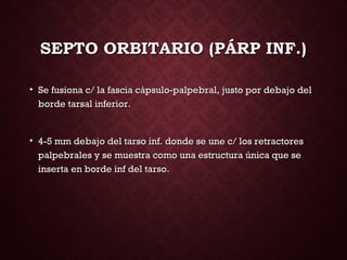 SEPTO ORBITARIO (PÁRP INF.)SEPTO ORBITARIO (PÁRP INF.)
• Se fusiona c/ la fascia cápsulo-palpebral, justo por debajo delSe fusiona c/ la fascia cápsulo-palpebral, justo por debajo del
borde tarsal inferior.borde tarsal inferior.
• 4-5 mm debajo del tarso inf. donde se une c/ los retractores4-5 mm debajo del tarso inf. donde se une c/ los retractores
palpebrales y se muestra como una estructura única que sepalpebrales y se muestra como una estructura única que se
inserta en borde inf del tarso.inserta en borde inf del tarso.
 