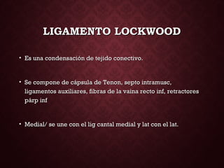 LIGAMENTO LOCKWOODLIGAMENTO LOCKWOOD
• Es unaEs una condensación de tejido conectivo.condensación de tejido conectivo.
• Se compone de cápsula de Tenon, septo intramusc,Se compone de cápsula de Tenon, septo intramusc,
ligamentos auxiliares, fibras de la vaina recto inf, retractoresligamentos auxiliares, fibras de la vaina recto inf, retractores
párp infpárp inf
• Medial/ se une con el lig cantal medial y lat con el lat.Medial/ se une con el lig cantal medial y lat con el lat.
 