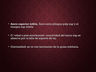 • Surco superior órbita.Surco superior órbita. Área entre pliegue palp sup y elÁrea entre pliegue palp sup y el
margen sup órbita.margen sup órbita.
• C/ edad o post enucleación: concavidad del surco sup seC/ edad o post enucleación: concavidad del surco sup se
observa por la falta de soporte de tej.observa por la falta de soporte de tej.
• Convexidad: se ve con herniación de la grasa orbitaria.Convexidad: se ve con herniación de la grasa orbitaria.
 