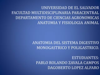 UNIVERSIDAD DE EL SALVADOR
FACULTAD MULTIDISCIPLINARIA PARACENTRAL
DEPARTAMENTO DE CIENCIAS AGRONOMICAS
ANATOMIA Y FISIOLOGIA ANIMAL
ANATOMIA DEL SISTEMA DIGESTIVO
MONOGASTRICO Y POLIGASTRICO.
ESTUDIANTES:
PABLO ROLANDO ZAVALA CAMPOS
DAGOBERTO LOPEZ ALFARO
 
