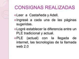 CONSIGNAS REALIZADAS
Leer a Castañeda y Adell.
Ingresé a cada una de las páginas
sugeridas.
Logré establecer la diferencia entre un
PLE tradicional y actual.
PLE (actual) con la llegada de
internet, las tecnologías de la llamada
web 2.0
 