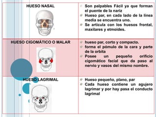 HUESO NASAL Son palpables Fácil ya que forman
el puente de la nariz
Hueso par, en cada lado de la línea
media se encuentra uno.
Se articula con los huesos frontal,
maxilares y etmoides.
HUESO CIGOMÁTICO O MALAR hueso par, corto y compacto.
forma el pómulo de la cara y parte
de la orbita
Posee un pequeño orificio
cigomático facial que da paso al
nervio y vasos del mismo nombre.
HUESO LAGRIMAL Hueso pequeño, plano, par
Cada hueso contiene un agujero
lagrimar y por hay pasa el conducto
lagrimal
 