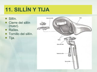 11. SILLÍN Y TIJA <ul><li>Sillín. </li></ul><ul><li>Cierre del sillín (nuez). </li></ul><ul><li>Raíles. </li></ul><ul><li>...