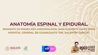 ANATOMÍA ESPINAL Y EPIDURAL.
RESIDENTE DE PRIMER AÑO ANESTESOLOGÍA: SARA ELIZABETH LOPEZ ORTIZ.
HOSPITAL GENERAL DE GUANAJUATO “DR. VALENTÍN GARCÍA”.
 