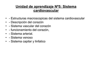 Unidad de aprendizaje Nº5: Sistema cardiovascular - Estructuras macroscopicas del sistema cardiovascular - Descripción del corazón - Sistema vascular del corazón - funcionamiento del corazón,  - Sistema arterial. - Sistema venoso - Sistema capilar y linfatico 