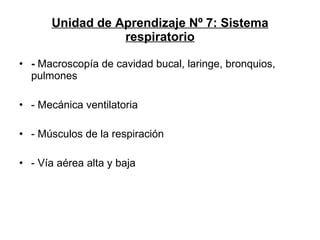 Unidad de Aprendizaje Nº 7:  Sistema respiratorio -  Macroscopía de cavidad bucal, laringe, bronquios, pulmones - Mecánica ventilatoria - Músculos de la respiración - Vía aérea alta y baja 