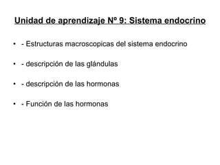Unidad de aprendizaje Nº 9: Sistema endocrino - Estructuras macroscopicas del sistema endocrino - descripción de las glándulas - descripción de las hormonas - Función de las hormonas 