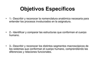 Objetivos Específicos 1.- Describir y reconocer la nomenclatura anatómica necesaria para entender los procesos involucrados en la asignatura. 2.- Identificar y comparar las estructuras que conforman el cuerpo humano. 3.- Describir y reconocer los distintos segmentos macroscópicos de los sistemas que conforman el cuerpo humano, comprendiendo las diferencias y relaciones funcionales. 