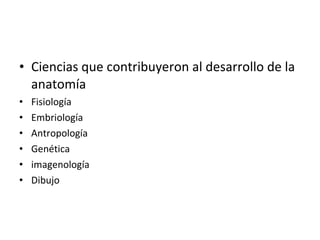 Ciencias que contribuyeron al desarrollo de la anatomía  Fisiología Embriología Antropología Genética imagenología Dibujo 