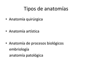 Tipos de anatomías Anatomía quirúrgica Anatomía artística Anatomía de procesos biológicos embriología anatomía patológica 