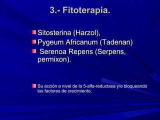 3.- Fitoterapia.

Sitosterina (Harzol),
Pygeum Africanum (Tadenan)
Serenoa Repens (Serpens,
permixon).


Su acción a nivel de la 5-alfa-reductasa y/o bloqueando
los factores de crecimiento.
 