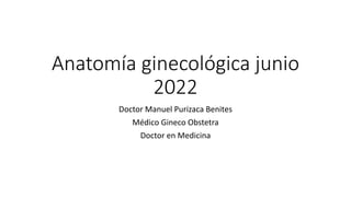 Anatomía ginecológica junio
2022
Doctor Manuel Purizaca Benites
Médico Gineco Obstetra
Doctor en Medicina
 