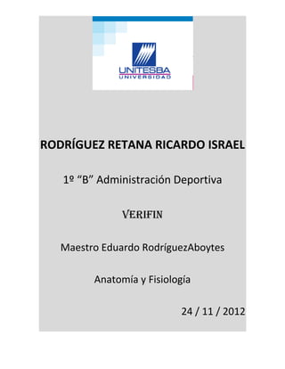 RODRÍGUEZ RETANA RICARDO ISRAEL

   1º “B” Administración Deportiva

               VERIFIN

   Maestro Eduardo RodríguezAboytes

         Anatomía y Fisiología

                           24 / 11 / 2012
 