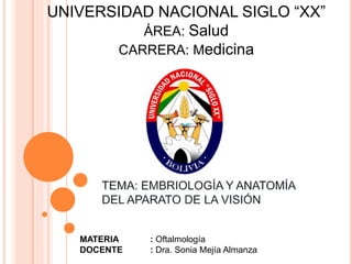 UNIVERSIDAD NACIONAL SIGLO “XX”
ÁREA: Salud
CARRERA: Medicina
MATERIA : Oftalmología
DOCENTE : Dra. Sonia Mejía Almanza
 