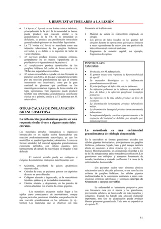 5. RESPUESTAS TISULARES A LA LESIÓN
•    La lepra (M. leprae) es una lesión crónica indolente,     frecuencia en la clínica son:
     principalmente de la piel. Si la inmunidad es buena,
     puede producir una reacción similar a la                  •    Material de sutura no reabsorbible empleado en
     granulomatosa de la TB. Si la inmunidad es                     cirugía.
     deficiente, se produce una proliferación intracelular     •    Los polvos de talco (usados en los guantes del
     generalizada de gérmenes en las células fagocitarias.          cirujano durante las operaciones quirúrgicas) inducen
•    La TB bovina (M. bovis) se manifiesta como una                 a veces «granulomas de talco», con una partícula de
     infección tuberculosa de los ganglios linfáticos               talco silíceo en el centro de cada uno.
     cervicales, y es debida a la ingestión de leche de        •    Fragmentos de material vegetal, por ejemplo,
     vacas infectadas.                                              fragmentos de espinas.
•    M. marinum produce lesiones cutáneas crónicas,
     generalmente en las manos («granuloma de la
     piscifactoría» o «granuloma de la piscina»).              PUNTOS CLAVE:
•    M. scrofulaceurn produce tumefacción de los               Tuberculosis
     ganglios linfáticos del cuello, de forma similar a la
     TB bovina, especialmente en niños.                        •    Producida por M. tuberculosis.
•    M. avium-intracellulare es cada vez más frecuente en      •    El germen induce una respuesta de hipersensibilidad
     pacientes con SIDA, en los que se caracteriza no tanto         de tipo IV.
     por una reacción granulomatosa (ya que el sistema         •    Su marcador histológico es la inflamación
     inmunitario está inactivado), como por la gran                 granulomatosa caseificante.
     cantidad de gérmenes que proliferan en los                •    El principal lugar de infección son los pulmones.
     macrófagos en muchos órganos, de forma similar a la       •    La infección pulmonar en la infancia comprende el
     lepra lepromatosa. Este organismo puede producir               foco de Ghon y la afección ganglionar (complejo
     también una enfermedad granulomatosa caseificante              primario).
     clásica en el pulmón, similar a la TE pulmonar por M.
                                                               •    La infección en la vida adulta produce un foco de
     tuberculosis.
                                                                    Assmann.
                                                               •    La diseminación hematógena produce tuberculosis
                                                                    miliar.
OTRAS CAUSAS DE INFLAMACIÓN                                    •    La diseminación bronquial produce bronconeumonía
GRANULOMATOSA                                                       tuberculosa.
                                                               •    La enfermedad puede reactivarse posteriormente si la
La inflamación granulomatosa puede ser una                          respuesta del huésped se debilita, por ejemplo, por
                                                                    inmunosupresión.
respuesta tisular frente a algunos materiales
extraños
Los materiales extraños (inorgánicos u orgánicos)
                                                               La   sarcoidosis    es   una    enfermedad
introducidos en los tejidos suelen desencadenar una            granulomatosa de etiología desconocida
reacción predominantemente macrofágica, ya que los
neutrófilos no pueden fagocitarlos y destruirlos. A veces se   En la sarcoidosis se forman granulomas aislados con
forman alrededor del material agregados granulomatosos         células gigantes histiocitarias, principalmente en ganglios
claramente definidos, con células gigantes, pero               linfáticos, pulmones, hígado, bazo y piel, aunque también
habitualmente el cúmulo de macrófagos es irregular y mal       afecta en ocasiones a otros órganos (p. ej., cerebro y
definido.                                                      hueso). Histológicamente, los granulomas recuerdan a los
                                                               de la TB, aunque nunca existe verdadera caseificación. Los
         El material extraño puede ser endógeno o              granulomas son múltiples y aumentan lentamente de
exógeno. Los materiales endógenos más frecuentes son:          tamaño, haciéndose a menudo confluentes. La causa de la
                                                               enfermedad es desconocida.
•    Queratina, procedente de quistes epidérmicos
     traumatizados.                                                      Los pacientes suelen tener síntomas clínicos
•    Cristales de urato, en pacientes gotosos con depósitos    relacionados con la afección pulmonar, o una tumefacción
     de urato en partes blandas.                               evidente de ganglios linfáticos. Las células gigantes
                                                               multinucleadas de la sarcoidosis contienen a veces con-
•    Colágeno alterado y degenerado, en la «necrobiosis
                                                               creciones esféricas calcificadas y laminadas (cuerpos de
     lipoidea» cutánea y en los nódulos reumatoides.
                                                               Schaumann o cuerpos asteroides).
•    Elastina alterada y degenerada, en las paredes de
     arterias afectadas por arteritis de células gigantes.
                                                                          La enfermedad es lentamente progresiva, pero
                                                               con frecuencia cura por sí misma y los granulomas,
          Los materiales exógenos suelen llegar a los
                                                               previamente celulares, se hacen cada vez más pequeños y
tejidos como consecuencia de traumatismos, aunque
                                                               colágenos. Cuando ha habido una afección pulmonar
algunas partículas pueden ser inhaladas, con producción de
                                                               importante, esta fase de cicatrización puede producir
una reacción granulomatosa en los pulmones (p. ej.,
                                                               fibrosis pulmonar generalizada. Todo esto se expondrá en
berilio). Los materiales que se observan con más
                                                               el capitulo 23.




                                                                                                                       81
 