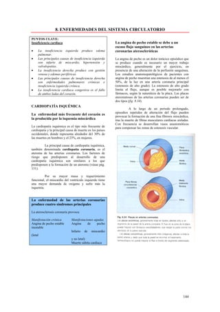 8. ENFERMEDADES DEL SISTEMA CIRCULATORIO

PUNTOS CLAVE:
Insuficiencia cardiaca                                     La angina de pecho estable se debe a un
                                                           escaso flujo sanguíneo en las arterias
•    La insuficiencia izquierda produce edema              coronarias ateroscleróticas
     pulmonar.
•    Las principales causas de insuficiencia izquierda     La angina de pecho es un dolor torácico episódico que
     son infarto de miocardio, hipertensión y              se produce cuando es necesario un mayor trabajo
     valvulopatías.                                        miocárdico, generalmente por el ejercicio, en
•    La insuficiencia derecha produce con gestión          presencia de una alteración de la perfusión sanguínea.
     venosa y edemas periféricas.                          Los estudios anatomopatológicos de pacientes con
•    Las principales causas de insuficiencia derecha       angina de pecho muestran una estenosis de al menos el
     son enfermedades pulmonares crónicas e                50%, de la luz en una arteria coronaria principal
     insuficiencia izquierda crónica.                      (estenosis de alto grado). La estenosis de alto grado
•    La insuficiencia cardiaca congestiva es el fallo      limita el flujo, aunque es posible mejorarlo con
     de ambos ladas del corazón.                           fármacos, según la naturaleza de la placa. Las placas
                                                           ateromatosas de las arterias coronarias pueden ser de
                                                           dos tipos (fig. 8.34).
CARDIOPATÍA ISQUÉMICA
                                                                     A lo largo de un periodo prolongado,
                                                           episodios repetidos de alteración del flujo pueden
La enfermedad más frecuente del corazón es
                                                           provocar la formación de una fina fibrosis miocárdica,
la producida por la isquemia miocárdica                    tras la muerte de fibras musculares cardíacas aisladas.
                                                           Con frecuencia se desarrollan vasos anastomóticos
La cardiopatía isquémica es el tipo más frecuente de       para compensar las zonas de estenosis vascular.
cardiopatía y la principal causa de muerte en los países
occidentales, donde representa alrededor dcl 30% de
las muertes en hombres y el 23%, en mujeres.

          La principal causa de cardiopatía isquémica,
también denominada cardiopatía coronaria, es el
ateroma de las arterias coronarias. Los factores de
riesgo que predisponen al desarrollo de una
cardiopatía isquémica son similares a los que
predisponen a la formación de un ateroma (véase pág.
131).

          Por su mayor masa y requerimiento
funcional, el miocardio del ventrículo izquierdo tiene
una mayor demanda dc oxigeno y sufre más la
isquemia.


La enfermedad de las arterias coronarias
produce cuatro síndromes principales

La aterosclerosis coronaria provoca:

Manifestación crónica         Manifestaciones agudas
Angina de pecho estable       Angina     de     pecho
inestable
                              Infarto   de   miocardio
(letal
                              y no letal)
                              Muerte súbita cardiaca




                                                                                                             144
 