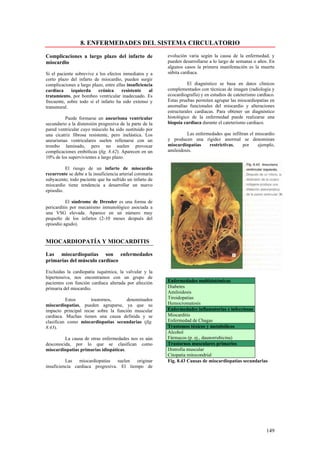 8. ENFERMEDADES DEL SISTEMA CIRCULATORIO

Complicaciones a largo plazo del infarto de                evolución varia según la causa de la enfermedad, y
miocardio                                                  pueden desarrollarse a lo largo de semanas o años. En
                                                           algunos casos la primera manifestación es la muerte
Si el paciente sobrevive a los efectos inmediatos y a      súbita cardiaca.
corto plazo del infarto de miocardio, pueden surgir
complicaciones a largo plazo, entre ellas insuficiencia              El diagnóstico se basa en datos clínicos
cardiaca     izquierda    crónica      resistente    al    complementados con técnicas de imagen (radiología y
tratamiento, por bombeo ventricular inadecuado. Es         ecocardiografía) y en estudios de cateterismo cardíaco.
frecuente, sobre todo si el infarto ha sido extenso y      Estas pruebas permiten agrupar las miocardiopatías en
transmural.                                                anomalías funcionales del miocardio y alteraciones
                                                           estructurales cardiacas. Para obtener un diagnóstico
         Puede formarse un aneurisma ventricular           histológico de la enfermedad puede realizarse una
secundario a la distensión progresiva de la parte de la    biopsia cardiaca durante el cateterismo cardiaco.
pared ventricular cuyo músculo ha sido sustituido por
una cicatriz fibrosa resistente, pero inelástica. Los               Las enfermedades que infiltran el miocardio
aneurismas ventriculares suelen rellenarse con un          y producen una rigidez anormal se denominan
trombo laminado, pero no suelen provocar                   miocardiopatías    restrictivas,    por     ejemplo,
complicaciones embólicas (fig. 8.42). Aparecen en un       amiloidosis.
10% de los supervivientes a largo plazo.

          El riesgo de un infarto de miocardio
recurrente se debe a la insuficiencia arterial coronaria
subyacente; todo paciente que ha sufrido un infarto de
miocardio tiene tendencia a desarrollar un nuevo
episodio.

           El síndrome de Dressler es una forma de
pericarditis por mecanismo inmunológico asociada a
una VSG elevada. Aparece en un número muy
pequeño de los infartos (2-10 meses después del
episodio agudo).


MIOCARDIOPATÍA Y MIOCARDITIS

Las miocardiopatías son enfermedades
primarias del músculo cardíaco

Excluidas la cardiopatía isquémica, la valvular y la
hipertensiva, nos encontramos con un grupo de
pacientes con función cardiaca alterada por afección       Enfermedades multisistémicas
primaria del miocardio.                                    Diabetes
                                                           Amiloidosis
          Estos      trastornos,      denominados          Tiroidopatias
miocardiopatias, pueden agruparse, ya que su               Hemocromatosis
impacto principal recae sobre la función muscular          Enfermedades inflamatorias e infecciosas
cardiaca. Muchas tienen una causa definida y se            Miocarditis
clasifican como miocardiopatías secundarias (fig.          Enfermedad de Chagas
8.43).                                                     Trastomos tóxicos y metabólicos
                                                           Alcohol
         La causa de otras enfermedades nos es aún         Fármacos (p. ej., daunorrubicina)
desconocida, por lo que se clasifican como                 Trastornos musculares primarios
miocardiopatias primarias idiopáticas.                     Distrofia muscular
                                                           Citopatia mitocondrial
          Las miocardiopatias suelen      originar         Fig. 8.43 Causas de miocardiopatías secundarias
insuficiencia cardiaca progresiva. El tiempo de




                                                                                                             149
 