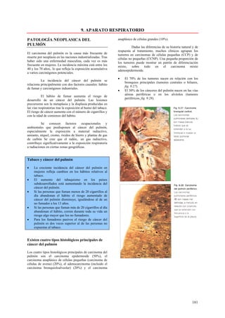 9. APARATO RESPIRATORIO

PATOLOGÍA NEOPLASICA DEL                                        anaplásico de células grandes (10%).
PULMÓN
                                                                          Dadas las diferencias de su historia natural y de
                                                                respuesta al tratamiento, muchos clínicos agrupan los
El carcinoma del pulmón es la causa más frecuente de            tumores en carcinomas de células pequeñas (CCP) y de
muerte por neoplasia en las naciones industrializadas. Tras     células no pequeñas (CCNP). Una pequeña proporción de
haber sido una enfermedad masculina, cada vez es más            los tumores puede mostrar un patrón de diferenciación
frecuente en mujeres. La incidencia máxima está entre los       mixto, sobre todo en el carcinoma mixto
40 y los 70 años,. lo que refleja la exposición acumulativa     adenoepidermoide.
a varios carcinógenos potenciales.
                                                                •    El 70% de los tumores nacen en relación con los
          La incidencia del cáncer del pulmón se
                                                                     bronquios principales (tumores centrales o biliares,
relaciona principalmente con dos factores causales: hábito
                                                                     fig. 9.27).
de fumar y carcinógenos industriales.
                                                                •    El 30% de los cánceres del pulmón nacen en las vías
                                                                     aéreas periféricas o en los alvéolos (tumores
           El hábito de fumar aumenta el riesgo de
                                                                     periféricos, fig. 9.28).
desarrollo de un cáncer del pulmón. Las lesiones
precursoras son la metaplasia y la displasia producidas en
las vías respiratorias tras la exposición al humo del tabaco.
El riesgo de cáncer aumenta con el número de cigarrillos y
con la edad de comienzo del hábito.

          Se conocen factores ocupacionales y
ambientales que predisponen al cáncer del pulmón,
especialmente la exposición a material radiactivo,
amianto, níquel, cromo, óxidos de hierro y plantas de gas
de carbón Se cree que el radón,. un gas radiactivo,
contribuye significativamente a la exposición respiratoria
a radiaciones en ciertas zonas geográficas.


Tabaco y cáncer del pulmón

•    La creciente incidencia del cáncer del pulmón en
     mujeres refleja cambios en los hábitos relativos al
     tabaco.
•    El aumento del tabaquismo en los países
     subdesarrollados está aumentando la incidencia del
     cáncer del pulmón.
•    Si las personas que fuman menos de 20 cigarrillos al
     día abandonan el hábito el riesgo aumentado de
     cáncer del pulmón disminuye, igualándose al de un
     no fumador a los 13 años.
•    Si las personas que fuman más de 20 cigarrillos al día
     abandonan el hábito, corren durante toda su vida un
     riesgo algo mayor que los no fumadores.
•    Para los fumadores pasivos el riesgo de cáncer del
     pulmón es dos veces superior al de las personas no
     expuestas al tabaco.


Existen cuatro tipos histológicos principales de
cáncer del pulmón

Los cuatro tipos histológicos principales de carcinoma del
pulmón son el carcinoma epidermoide (50%), el
carcinoma anaplásico de células pequeñas (carcinoma de
células de avena) (20%), el adenocarcinoma (incluido el
carcinoma bronquioloalveolar) (20%) y el carcinoma




                                                                                                                      181
 