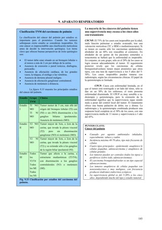9. APARATO RESPIRATORIO

                                                             La mayoría de los cánceres del pulmón tienen
Clasificación TNM del carcinoma de pulmón                    una supervivencia muy escasa a los cinco años
                                                             con tratamiento
La clasificación del cáncer del pulmón por estadios es
importante para el pronóstico. Cuando los tumores            CPCNP: El 75% de los casos son inoperables por la edad,
sobrepasan cierto estadio se consideran inoperables. En      mala función pulmonar o estadio avanzado, tras una
este cáncer es imprescindible una clasificación meticulosa   valoración meticulosa (TC e IRM o mediastinoscopia). Si
antes de decidir la intervención quirúrgica. Los ítems       se tienen en cuenta sólo los carcinomas epidermoides,
clave que ofrecen buenas perspectivas de éxito quirúrgico    alrededor de un 60% son resecables al comienzo. En
son:                                                         alrededor de un quinto de los pacientes sometidos a
                                                             toracotomia se hallará que la enfermedad es inoperable.
•   El tumor debe estar situado en un bronquio lobular o     En conjunto, en este grupo, sólo en el 20% de los casos se
    al menos a más de 2 cm por debajo de la carina.          logra resecar adecuadamente el tumor. El seguimiento
•   Ausencia de extensión a pared torácica, diafragma,       posterior revela que los carcinomas de células
    pericardio.                                              bronquioloalveolares tienen mejor pronóstico que otros
•   Ausencia de afectación cardiaca, de los grandes          tipos, con una tasa de supervivencia a los 5 años del 5-
    vasos, la tráquea, el esófago o las vértebras.           30%. Los casos inoperables pueden tratarse con
•   Ausencia de derrame pleural maligno.                     radioterapia, según las circunstancias clínicas. El papel de
•   Ausencia de afectación ganglionar contralateral.         la quimioterapia es limitado.
•   Ausencia de metástasis a distancia.
                                                                       CPCP: Casos con enfermedad limitada, en el
          La figura 9.33 muestra los principales estadios    que el tumor está restringido a un lado del tórax, sólo se
del cáncer del pulmón.                                       dan en un 30% de los enfermos; el resto presenta
                                                             enfermedad diseminada. El CPCP es muy sensible a ra-
Estadio Grupo       Clínica                                  dioterapia y quimioterapia, pero la extensión de la
                                                             enfermedad significa que la supervivencia sigue siendo
        TNM                                                  mala a pesar del control local del tumor. El tratamiento
Estadio   TI NO Tumor menor de 3 cm, más allá del            ofrece una buena paliación de dolor, tos y disnea. La
I         MO    origen del bronquio lobular (TI) con         radioterapia y la quimioterapia combinada producen una
                                                             respuesta local completa en el 30% de los casos, con una
          TI Nl (NI) o sin (NO) diseminación a los
                                                             supervivencia media de 11 meses y supervivencia a 1 año
          MO    ganglios    biliares    ipsolaterales.       del 45%.
                Ausencia de metástasis (MO).
Estadio   T2 NO Tumor mayor de 3cm, a 2cm de la
                                                             PUNTOS CLAVE:
II        MO    carina, que invade la pleura visceral        Cáncer del pulmón
                (T2)     pero    sin    diseminación
                ganglionar (NO) ni metástasis (MO).          •    Causado por agentes ambientales inhalados,
                                                                  especialmente tabaco y radón.
          T2 Nl Tumor mayor de 3cm, a 2cm de la
                                                             •    Incidencia máxima 40-70 años, tipo más frecuente de
          MO    carina, que invade la pleura visceral             células.
                (T2) y se extiende sólo a los ganglios       •    Cuatro tipos principales: epidermoide. anaplásico le
                de la región biliar ipsolateral (Nl).             células pequeñas, adenocarcinoma y anaplásico de
                                                                  células grandes.
Estadio   Todos     Tumor que afecta a la carina, a          •    Los tumores pueden ser centrales (todos los tipos) o
III       los       estructuras mediastínicas (T3/T4),            periféricos (sobre todo, adenocarcinomas).
          T3/T4     con diseminación a los ganglios          •    El carcinoma bronquioloalveolar es un tipo especial
                                                                  adenocarcinoma.
          Todos     contralalerales (N3) o metástasis
                                                             •    Los tumores anaplásicos de células pequeñas son
          los MI    (MI).                                         neuroendocrinos y muy malignos; con frecuencia
          Todos                                                   producen síndromes endocrinos ectópicos.
          los NS                                             •    La supervivencia global es del 5-30% a los cinco
                                                                  años, dependiendo mucho del tipo y estadio tumoral.
Fig. 9.33 Clasificación por estadios del carcinoma del
pulmón.




                                                                                                                    185
 