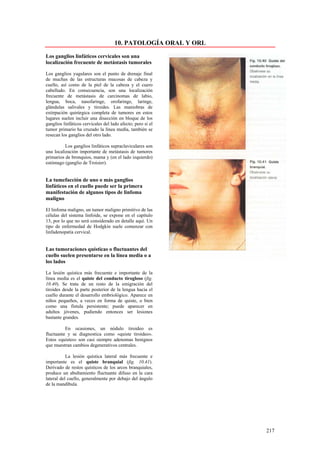 10. PATOLOGÍA ORAL Y ORL

Los ganglios linfáticos cervicales son una
localización frecuente de metástasis tumorales

Los ganglios yugulares son el punto de drenaje final
de muchas de las estructuras mucosas de cabeza y
cuello, así como de la piel de la cabeza y el cuero
cabelludo. En consecuencia, son una localización
frecuente de metástasis de carcinomas de labio,
lengua, boca, nasofaringe, orofaringe, laringe,
glándulas salivales y tiroides. Las maniobras de
extirpación quirúrgica completa de tumores en estos
lugares suelen incluir una disección en bloque de los
ganglios linfáticos cervicales del lado afecto; pero si el
tumor primario ha cruzado la línea medía, también se
resecan los ganglios del otro lado.

          Los ganglios linfáticos supraclaviculares son
una localización importante de metástasis de tumores
primarios de bronquios, mama y (en el lado izquierdo)
estómago (ganglio de Troisier).


La tumefacción de uno o más ganglios
linfáticos en el cuello puede ser la primera
manifestación de algunos tipos de linfoma
maligno

El linfoma maligno, un tumor maligno primitivo de las
células del sistema linfoide, se expone en el capítulo
13, por lo que no será considerado en detalle aquí. Un
tipo de enfermedad de Hodgkin suele comenzar con
linfadenopatía cervical.


Las tumoraciones quísticas o fluctuantes del
cuello suelen presentarse en la línea media o a
los lados

La lesión quística más frecuente e importante de la
línea media es el quiste del conducto tirogloso (fig.
10.40). Se trata de un resto de la emigración del
tiroides desde la parte posterior de la lengua hacia el
cuello durante el desarrollo embriológico. Aparece en
niños pequeños, a veces en forma de quiste, o bien
como una fístula persistente; puede aparecer en
adultos jóvenes, pudiendo entonces ser lesiones
bastante grandes.

          En ocasiones, un nódulo tiroideo es
fluctuante y se diagnostica como «quiste tiroideo».
Estos «quistes» son casi siempre adenomas benignos
que muestran cambios degenerativos centrales.

           La lesión quística lateral más frecuente e
importante es el quiste branquial (fig. 10.41).
Derivado de restos quísticos de los arcos branquiales,
produce un abultamiento fluctuante difuso en la cara
lateral del cuello, generalmente por debajo del ángulo
de la mandíbula.




                                                                217
 