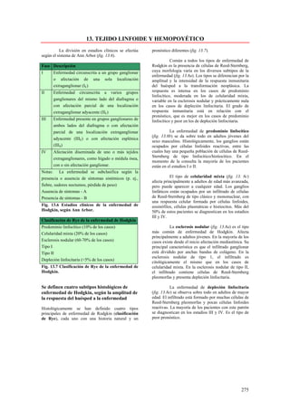 13. TEJIDO LINFOIDE Y HEMOPOYÉTICO
          La división en estadios clínicos se efectúa   pronóstico diferentes (fig. 13.7).
según el sistema de Ann Arbor (fig. 13.6).
                                                                   Común a todos los tipos de enfermedad de
Fase Descripción                                        Rodgkin es la presencia de células de Reed-Sternberg,
I     Enfermedad circunscrita a un grupo ganglionar     cuya morfología varía en los diversos subtipos de la
                                                        enfermedad (fig. 13.8a). Los tipos se diferencian por la
      o afectación de una sola localización             amplitud y la intensidad de la respuesta inmunitaria
      extraganglionar (IE)                              del huésped a la transformación neoplásica. La
II    Enfermedad circunscrita a varios grupos           respuesta es intensa en los casos de predominio
                                                        linfocítico, moderada en los de celularidad mixta,
      ganglionares del mismo lado del diafragma o       variable en la esclerosis nodular y prácticamente nula
      con afectación parcial de una localización        en los casos de depleción linfocitaria. El grado de
      extraganglionar adyacente (IIE)                   respuesta inmunitaria está en relación con el
                                                        pronóstico, que es mejor en los casos de predominio
III   Enfermedad presente en grupos ganglionares de     linfocítico y peor en los de depleción linfocitaria.
      ambos lados del diafragma o con afectación
      parcial de una localización extraganglionar                 La enfermedad de predominio linfocítico
                                                        (fig. 13.8b) se da sobre todo en adultos jóvenes del
      adyacente (IIIE) o con afectación esplénica
                                                        sexo masculino. Histológicamente, los ganglios están
      (IIIS)                                            ocupados por células linfoides reactivas, entre las
IV    Afectación diseminada de uno o más tejidos        cuales hay una pequeña población de células de Reed-
                                                        Sternberg de tipo linfocítico/histiocítico. En el
      extraganglionares, como hígado o médula ósea,
                                                        momento de la consulta la mayoría de los pacientes
      con o sin afectación ganglionar.                  están en el estadios I o II.
Notas: La enfermedad se subclasifica según la
presencia o ausencia de síntomas sistémicos (p. ej.,               El tipo de celularidad mixta (fig. 13. 8c)
                                                        afecta principalmente a adultos de edad más avanzada,
fiebre, sudores noctumos, pérdida de peso)              pero puede aparecer a cualquier edad. Los ganglios
Ausencia de síntomas - A                                linfáticos están ocupados por un infiltrado de células
Presencia de síntomas - B                               de Reed-Sternberg de tipo clásico y mononuclear, con
                                                        una respuesta celular formada por células linfoides,
Fig. 13.6 Estadios clínicos de la enfermedad de         eosinófilos, células plasmáticas e histiocitos. Más del
Hodgkin, según Ann Arbor.                               50% de estos pacientes se diagnostican en los estadios
                                                        III y IV.
Clasificación de Rye de la enfermedad de Hodgkin
Predominio linfocítico (10% de los casos)                         La esclerosis nodular (fig. 13.8a) es el tipo
Celularidad mixta (20% de los casos)                    más común de enfermedad de Hodgkin. Afecta
                                                        principalmente a adultos jóvenes. En la mayoría de los
Esclerosis nodular (60-70% de los casos)                casos existe desde el inicio afectación mediastínica. Su
Tipo I                                                  principal característica es que el infiltrado ganglionar
Tipo II                                                 está dividido por anchas bandas de colágeno. En la
                                                        esclerosis nodular de tipo 1, el infiltrado es
Depleción linfocitaria (<5% de los casos)
                                                        citológicamente el mismo que en los casos de
Fig. 13.7 Clasificación de Rye de la enfermedad de      celularidad mixta. En la esclerosis nodular de tipo II,
Hodgkin.                                                el infiltrado contiene células de Reed-Sternberg
                                                        pleomorfas y presenta depleción linfocitaria.

Se definen cuatro subtipos histológicos de                         La enfermedad de depleción linfocitaria
enfermedad de Hodgkin, según la amplitud de             (fig. 13.8e) se observa sobre todo en adultos de mayor
la respuesta del huésped a la enfermedad                edad. El infiltrado está formado por muchas células de
                                                        Reed-Sternberg pleomorfas y pocas células linfoides
Histológicamente se han definido cuatro tipos           reactivas. La mayoría de los pacientes con este patrón
principales de enfermedad de Rodgkin (clasificación     se diagnostican en los estadios III y IV. Es el tipo de
de Rye), cada uno con una historia natural y un         peor pronóstico.




                                                                                                           275
 