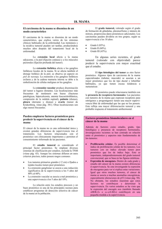 18. MAMA

El carcinoma de la mama se disemina de un                            El grado tumoral, valorado según el grado
modo característico                                        de formación de glándulas, pleomorfismo y número de
                                                           mitosis, proporciona datos pronósticos adicionales. Los
El carcinoma de la mama se disemina de un modo             carcinomas pueden dividirse en tres grupos, según su
característico, que explica varios de los síntomas         supervivencia a los 10 años:
clínicos habituales de la enfermedad. Las metástasis y
la recidiva tumoral pueden ser tardías, produciéndose      •   Grado I (85%).
muchos años después del tratamiento local de la            •   Grado II (60%).
enfermedad.                                                •   Grado III (45%).

          La extensión local afecta a la mama                       En algunas series recientes, el grado
adyacente, a la piel (fijación cutánea) y a los músculos   tumoral (valorado con objetividad) parece
pectorales (fijación profunda del tumor).                  predecir la supervivencia con mayor exactitud
                                                           que el estadio.
           La extensión linfática afecta a los ganglios
linfáticos locales de la mama. Si se afecta también el
                                                                     El tipo histológico del tumor es otro factor
drenaje linfático de la piel, se observa un aspecto en
                                                           pronóstico. Algunos tipos de carcinoma de la mama
piel de naranja. La extensión a los ganglios linfáticos
                                                           especializados (tubular, mucoide) se asocian a un
axilares y de la cadena mamaria interna se debe a la
                                                           mejor pronóstico que los de tipo ductal y lobulillar
embolización de células malignas en los ganglios.
                                                           habituales, ya que tienen escasa tendencia a
                                                           metastatizar.
          La extensión vascular produce diseminación
del tumor a lugares distantes. Las localizaciones más
                                                                     El pronóstico puede relacionarse también con
frecuentes de metástasis son hueso (fracturas
                                                           la presencia de receptores hormonales. Las pacientes
patológicas, hipercalcemia, anemia leucoeritroblástica,
                                                           con tumores de la mama que expresan receptores para
compresión de la médula espinal), pulmón (disnea),
                                                           estrógenos y progestágenos tienen una mayor supervi-
pleura (derrame y disnea) y ovario (tumor de
                                                           vencia libre de enfermedad que las que no los poseen.
Krukenberg, véase pág. 381). Otras localizaciones son
                                                           Esto refleja una mayor diferenciación tumoral y una
algo menos frecuentes.
                                                           probable respuesta al tratamiento antihormonal.

Pueden emplearse factores pronósticos para
predecir la supervivencia en el cáncer de la               Factores pronósticos biomoleculares en el
mama                                                       cáncer de la mama

                                                           Además de factores como estadio, grado, tipo
El cáncer de la mama no es una enfermedad única y
                                                           histológico y presencia de receptores hormonales,
existen grandes diferencias de supervivencia tras el
                                                           investigaciones recientes se han centrado en relación
tratamiento. Los factores relacionados con el
                                                           entre el pronóstico y aspectos más fundamentales de
pronóstico son clínicamente importantes y permiten el
                                                           los tumores:
consentimiento informado de las pacientes.

           El estadio tumoral es considerado el            •   Proliferación celular. Es posible determinar el
principal factor pronóstico. Se emplean diversos               índice de proliferación celular de los tumores. Los
sistemas de clasificación por estadios, incluida la TNM        tumores con un índice elevado tienen peor
(véase pág. 43). Aunque los sistemas difieren en unos          pronóstico que los de índice bajo. Esto es
criterios precisos, todos poseen rasgos comunes:               importante, independientemente del grado tumoral
                                                               convencional, que se basa en las figuras mitóticas.
•    Los tumores primarios grandes (>2 cm) o fijados a     •   Expresión de oncogenes. Dentro de cada grado y
     tejidos locales tienen peor pronóstico.                   estadio del cáncer de la mama existen diferencias
                                                               d supervivencia. Se esta investigando la expresión
•    La extensión ganglionar se asocia a una reducción
                                                               de oncogenes para ver si explica estas variaciones.
     significativa de la supervivencia a los 5 años del
                                                               Igual que otros muchos tumores, el cáncer de
     80% al 60%.
                                                               mama se asocia a muchas anomalías oncogénicas,
•    La extensión vascular se asocia a mal pronóstico y
                                                               especialmente alteraciones de p53 (véase pág. 50).
     una supervivencia a los 5 años del 10%.
                                                               No obstante, los estudios muestran que estos
                                                               factores no contribuyen a determinar la
          La relación entre los estadios precoces y un
                                                               supervivencia. En varios estudios se ha visto que
buen pronóstico es una de las principales razones para
                                                               la expresión del oncogén neu (también llamado
establecer programas de detección selectiva de cáncer
                                                               «HER-2» o «c-erb-B2») contribuyen en una
de la mama en la población.
                                                               pequeña medida a la supervivencia.




                                                                                                             395
 