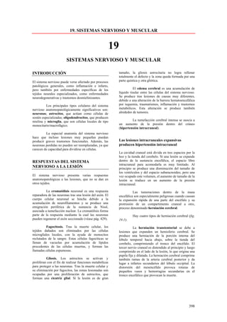 19. SISTEMAS NERVIOSO Y MUSCULAR


                                                          19
                        SISTEMAS NERVIOSO Y MUSCULAR

INTRODUCCIÓN                                                   tamaño, la gliosis astrocitaria no logra rellenar
                                                               totalmente el defecto y la zona queda formada por una
El sistema nervioso puede verse afectado por procesos          parte quística y otra gliótica.
patológicos generales, como inflamación e infarto,
pero también por enfermedades específicas de los                         El edema cerebral es una acumulación de
tejidos neurales especializados, como enfermedades             líquido tisular entre las células del sistema nervioso.
neurodegeneratívas y trastornos desmielinizantes.              Se produce tras lesiones de causas muy diferentes,
                                                               debido a una alteración de la barrera hematoencefálica
          Los principales tipos celulares del sistema          por isquemia, traumatismos, inflamación y trastornos
nervioso anatomopatológicamente significativos son:            metabólicos. Esta alteración se produce también
neuronas; astrocitos, que actúan como células de               alrededor de tumores.
sostén especializadas; oligodendrocitos, que producen
mielina y microglia, que son células locales de tipo                    La tumefacción cerebral intensa se asocia a
monocitario/macrofágico.                                       un aumento de la presión dentro del cráneo
                                                               (hipertensión intracraneal).
         La especial anatomía del sistema nervioso
hace que incluso lesiones muy pequeñas puedan
producir graves trastornos funcionales. Además, las            Las lesiones intracraneales expansivas
neuronas perdidas no pueden ser reemplazadas, ya que           producen hipertensión intracraneal
carecen de capacidad para dividirse en células.
                                                               La cavidad craneal está divida en tres espacios por la
                                                               hoz y la tienda del cerebelo. Sí una lesión se expande
RESPUESTAS DEL SISTEMA                                         dentro de la sustancia encefálica, el espacio libre
                                                               intracraneal para acomodarla es muy limitado. Al
NERVIOSO A LA LESIÓN                                           principio se produce una disminución del tamaño de
                                                               los ventrículos y del espacio subaracnoideo, pero una
El sistema nervioso presenta varias respuestas                 vez ocupado este volumen, el aumento de tamaño de la
anatomopatológicas a las lesiones, que no se dan en            lesión se traduce en un aumento de la presión
otros tejidos.                                                 intracraneal.
          La cromatólisis neuronal es una respuesta                      Las tumoraciones dentro de la masa
reparadora de las neuronas tras una lesión del axón. El        encefálica son especialmente peligrosas cuando causan
cuerpo celular neuronal se hincha debido a la                  la expansión rápida de una parte del encéfalo y su
acumulación de neurofilamentos y se produce una                protrusión de un compartimento craneal a otro,
emigración periférica de la sustancia de Nissl,                proceso denominado herniación cerebral.
asociada a tumefacción nuclear. La cromatólisis forma
parte de la respuesta mediante la cual las neuronas                      Hay cuatro tipos de herniación cerebral (fig.
pueden regenerar el axón seccionado (véase pág. 429).          19.1):
          Fagocitosis. Tras la muerte celular, los                        La herniación transtentorial se debe a
tejidos dañados son eliminados por las células                 lesiones que expanden un hemisferio cerebral. Se
microglíales locales, con la ayuda de monocitos                produce una herniación de la porción interna del
reclutados de la sangre. Estas células fagocíticas se          lóbulo temporal hacia abajo, sobre la tienda del
llenan de vacuolas por acumulación de lípidos                  cerebelo, comprimiendo el tronco del encéfalo. El
procedentes de las células muertas, y forman las               tercer nervio craneal es distendido al principio y luego
llamadas células espumosas.                                    comprimido en el lado de la lesión, lo que origina una
                                                               pupila fija y dilatada. La herniación cerebral comprime
          Gliosis. Los astrocitos se activan y                 también ramas de la arteria cerebral posterior y da
proliferan con el fin de realizar funciones metabólicas        lugar a infartos secundarios del lóbulo occipital. La
para proteger a las neuronas. Tras la muerte celular y         distorsión del mesencéfalo provoca roturas de
su eliminación por fagocitos, las zonas lesionadas son         pequeños vasos y hemorragias secundarías en el
ocupadas por una proliferación de astrocitos, que              tronco encefálico que provocan la muerte.
forman una cicatriz glial. Sí la lesión es de gran




                                                                                                                  398
 