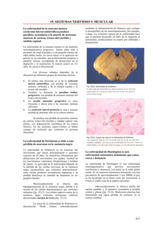 19. SISTEMAS NERVIOSO Y MUSCULAR

La enfermedad de la neurona motora                        mediante la administración de fármacos que corrigen
(esclerosis lateral amiotrófica) produce                  el desequilibrio de los neurotransmisores, por ejemplo,
parálisis, secundaria a la muerte de neuronas             1-dopa. La evolución natural de la enfermedad hace
                                                          que el paciente desarrolle un fallo de la respuesta al
motoras de corteza, tronco del encéfalo y
                                                          tratamiento, produciéndose la muerte por debilidad y
médula espinal.                                           desnutrición.
La enfermedad de la neurona motora es un trastorno
neurodegenerativo progresivo. Afecta sobre todo a
pacientes de edad avanzada y a un pequeño número de
edad adulta media. Su inicio típico es la aparición de
paresia en un miembro, que posteriormente progresa a
parálisis intensa, acompañada de alteraciones de la
deglución y la respiración; la muerte acaece en 2-3
años. Su causa es desconocida.

          Los diversos subtipos dependen de la
afectación de diferentes grupos de neuronas motoras:

•   El patrón más frecuente es el de la esclerosis
    lateral amiotrófica, con pérdida de neuronas
    motoras corticales y de la médula espinal y el
    tronco del encéfalo.
•   También es frecuente la parálisis bulbar
    progresiva, con pérdida de neuronas motoras del
    tronco del encéfalo.
•   La atrofia muscular progresiva es poco
    frecuente y afecta sólo a las neuronas motoras
    inferiores.
•   La esclerosis lateral primaria es rara y muestra
    pérdida de neuronas sólo en la corteza motora.

          Se produce una pérdida de neuronas motoras
en corteza, tronco del encéfalo y médula espinal, más
gliosis, con degeneración secundaria de los tractos
motores. En las neuronas supervivientes se hallan
cuerpos de inclusión que contienen la proteína
ubicuitina.


La enfermedad de Parkinson se debe a una
pérdida de neuronas en la sustancia negra

La enfermedad de Parkinson es un trastorno del
movimiento que afecta principalmente a personas           La enfermedad de Huntington es una
mayores de 45 años. Se caracteriza clínicamente por       enfermedad autosómica dominante que causa
alteraciones del movimiento con rigidez, lentitud en      corea y demencia
los movimientos voluntarios (bradicinesia) y temblor
de reposo. La gravedad de la enfermedad depende de        La enfermedad de Huntington es una enfermedad
la pérdida de las células nerviosas de la sustancia       neurodegenerativa      que    provoca      movimientos
negra mesencefálica que contienen neuromelanina;          coreiformes y demencia, con inicio en la edad adulta
estas células producen normalmente dopamina y su          media. Es un trastorno autosómico dominante con una
pérdida disminuye la cantidad de dopamina en los          prevalencia de aproximadamente 1 por 20000; el gen
ganglios basales.                                         se ha localizado en el brazo corte del cromosoma 4
                                                          (véase el cuadro rosa de la página siguiente).
         Macroscópicamente        se    observa    una
hipopigmentación de la sustancia negra, debido a la                 Macroscópicamente se observa atrofia del
muerte de las células dopaminérgicas que contienen        núcleo caudado y el putamen, secundaría a pérdida
melanina (fig. 19.22). Las células supervivientes de la   celular y gliosis (fig. 19.24). Mediciones precisas han
sustancia negra contienen inclusiones esféricas           demostrado una ligera pérdida de neuronas en la
denominadas cuerpos de Lewy (fig. 19.23).                 corteza cerebral.

         La causa de la enfermedad de Parkinson es
desconocida. Puede tratarse sintomáticamente




                                                                                                            415
 