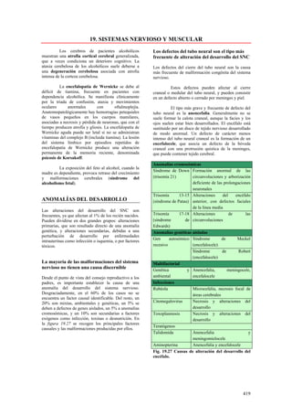 19. SISTEMAS NERVIOSO Y MUSCULAR
          Los cerebros de pacientes alcohólicos           Los defectos del tubo neural son el tipo más
muestran una atrofia cortical cerebral generalizada,      frecuente de alteración del desarrollo del SNC
que a veces condiciona un deterioro cognitivo. La
ataxia cerebelosa de los alcohólicos suele deberse a      Los defectos del cierre del tubo neural son la causa
una degeneración cerebelosa asociada con atrofia          más frecuente de malformación congénita del sistema
intensa de la corteza cerebelosa.                         nervioso.

          La encefalopatía de Wernicke se debe al                   Estos defectos pueden afectar al cierre
déficit de tiamina, frecuente en pacientes con            craneal o medular del tubo neural, y pueden consistir
dependencia alcohólica. Se manifiesta clínicamente        en un defecto abierto o cerrado por meninges y piel.
por la triada de confusión, ataxia y movimientos
oculares      anormales        con      oftalmoplejía.              El tipo más grave y frecuente de defecto del
Anatomopatológicamente hay hemorragias petequiales        tubo neural es la anencefalia. Generalmente no se
de vasos pequeños en los cuerpos mamilares,               suele formar la calota craneal, aunque la facies y los
asociadas a necrosis y pérdida de neuronas, que con el    ojos suelen estar bien desarrollados. El encéfalo está
tiempo producen atrofia y gliosis. La encefalopatía de    sustituido por un disco de tejido nervioso desarrollado
Wernicke aguda puede ser letal si no se administran       de modo anormal. Un defecto de carácter menos
vitaminas del complejo B (incluida tiamina). La lesión    intenso del tubo neural craneal es la formación de un
del sistema límbico por episodios repetidos de            encefalocele, que asocia un defecto de la bóveda
encefalopatía de Wernicke produce una alteración          craneal con una protrusión quística de la meninges,
permanente de la memoria reciente, denominada             que puede contener tejido cerebral.
psicosis de Korsakoff.
                                                          Anomalías cromosómicas
         La exposición del feto al alcohol, cuando la
                                                          Síndrome de Down Formación anormal de las
madre es dependiente, provoca retraso del crecimiento
y malformaciones cerebrales (síndrome del                 (trisomía 21)       circunvoluciones y arborización
alcoholismo fetal).                                                           deficiente de las prolongaciones
                                                                              neuronales
                                                          Trisomía      13-15 Alteraciones      del    encéfalo
ANOMALÍAS DEL DESARROLLO                                  (síndrome de Patau) anterior, con defectos faciales
                                                                              de la línea media
Las alteraciones del desarrollo del SNC son
frecuentes, ya que afectan al 1% de los recién nacidos.   Trisomía      17-18 Alteraciones          de      las
Pueden dividirse en dos grandes grupos: alteraciones      (síndrome        de circunvoluciones
primarias, que son resultado directo de una anomalía      Edwards)
genética, y alteraciones secundarias, debidas a una       Anomalías genéticas aisladas
perturbación de desarrollo por enfermedades
                                                          Gen      autosómico Síndrome         de       Meckel
intrauterinas como infección o isquemia, o por factores
tóxicos.                                                  recesivo            (encefalocele)
                                                                              Síndrome         de       Robert
                                                                              (encefalocele)
La mayoría de las malformaciones del sistema              Multifactorial
nervioso no tienen una causa discernible                  Genética          y Anencefalia,        meningocele,
Desde el punto de vista del consejo reproductivo a los    ambiental           encefalocele
padres, es importante establecer la causa de una          Infecciones
anomalía del desarrollo del sistema nervioso.             Rubéola             Microcefalia, necrosis focal de
Desgraciadamente, en el 60% de los casos no se                                áreas cerebrales
encuentra un factor causal identificable. Del resto, un
20% son mixtas, ambientales y genéticas, un 5% se         Citomegalovirus     Necrosis y alteraciones del
deben a defectos de genes aislados, un 5% a anomalías                         desarrollo
cromosómicas, y un 10% son secundarias a factores         Toxoplasmosis       Necrosis y alteraciones del
exógenos como infección, toxinas o desnutrición. En                           desarrollo
la figura 19.27 se recogen los principales factores
                                                          Teratógenos
causales y las malformaciones producidas por ellos.
                                                          Talidomida          Anencefalia                     y
                                                                              meningomielocele
                                                          Aminopterina        Anencefalia y encefalocele
                                                          Fig. 19.27 Causas de alteración del desarrollo del
                                                          encéfalo.




                                                                                                            419
 