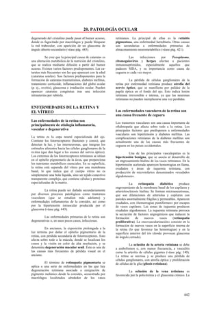 20. PATOLOGÍA OCULAR
degenerado del cristalino puede pasar al humor acuoso,      retinianos. La principal de ellas es la retinitis
donde es fagocitado por macrófagos y puede bloquear         pigmentosa, una enfermedad hereditaria. Otras causas
la red trabecular, con aparición de un glaucoma de          son secundarias a enfermedades primarias de
ángulo abierto secundario (véase pág. 445).                 almacenamiento neurometabólico (véase pág. 421).

           Se cree que la principal causa de cataratas es            Las      infecciones por Toxoplasma,
una alteración metabólica de la nutrición del cristalino,   citomegalovirus y herpes afectan a pacientes
que se realiza mediante difusión a partir del humor         inmunosuprimidos, especialmente aquellos que
acuoso. Existen varios factores predisponentes. Las ca-     padecen SIDA, y su importancia como causa de
taratas más frecuentes son las que aparecen con la edad     ceguera es cada vez mayor.
(cataratas seniles). Son factores predisponentes para la
formación de cataratas traumatismos, diabetes mellitus,               La pérdida de células ganglionares de la
tratamiento corticoide, inflamaciones del globo ocular      retina por enfermedad retiniana produce atrofia del
(p. ej., uveítis), glaucoma e irradiación ocular. Pueden    nervio óptico, que se manifiesta por palidez de la
aparecer cataratas congénitas tras una infección            papila óptica en el fondo del ojo. Esto indica lesión
intrauterina por rubéola.                                   retiniana irreversible e intensa, ya que las neuronas
                                                            retinianas no pueden reemplazarse una vez perdidas.

ENFERMEDADES DE LA RETINA Y
EL VÍTREO                                                   Las enfermedades vasculares de la retina son
                                                            una causa frecuente de ceguera
Las enfermedades de la retina son
                                                            Los trastornos vasculares son una causa importante de
principalmente de etiología inflamatoria,                   oftalmopatía que afecta sobre todo a la retina. Los
vascular o degenerativa                                     principales factores que predisponen a enfermedades
                                                            vasculares son hipertensión y diabetes mellitus. Las
La retina es la capa neural especializada del ojo.          complicaciones retinianas de la diabetes mellitus son
Contiene los fotorreceptores (bastones y conos), que        actualmente una de las causas más frecuentes de
detectan la luz, y las interneuronas, que integran los      ceguera en los países occidentales.
estímulos aferentes hacia las células ganglionares de la
re-tina (que dan lugar a los axones del nervio óptico).               Una de las principales vasculopatías es la
Los extremos de los fotorreceptores retinianos se sitúan    hipertensión benigna, que se asocia al desarrollo de
en el epitelio pigmentario de la úvea, que proporciona      un engrosamiento hialino de los vasos retinianos. En la
los nutrientes metabólicos esenciales. En su superficie,    hipertensión acelerada aparecen hemorragias en llama,
la retina está separada del vítreo por una membrana         exudados y áreas de isquemia retiniana, con
basal, lo que indica que el cuerpo vítreo no es             producción de microinfartos denominados «exudados
simplemente una bola líquida, sino un tejido conectivo      algodonosos».
transparente complejo, que contiene células y proteínas
especializadas de la matriz.                                          La      retinopatía     diabética     produce
                                                            engrosamiento de la membrana basal de los capilares y
          La retina puede ser dañada secundariamente        arteriolosclerosis hialina. Se forman microaneurismas,
por diversos procesos patológicos como trastornos           que son dilataciones de arteriolas y capilares con
vasculares (que se estudian más adelante) y                 paredes anormalmente frágiles y permeables. Aparecen
enfermedades inflamatorias de la coroides, así como         exudados, con «hemorragias puntiformes» por escapes
por la hipertensión intraocular producida por el            de vasos capilares. Las zonas de isquemia producen
glaucoma (véase pág. 443).                                  exudados algodonosos. La isquemia retiniana provoca
                                                            la secreción de factores angiogénicos que inducen la
         Las enfermedades primarias de la retina son        formación      de      nuevos     vasos    (retinopatía
degenerativas o, en unos pocos casos, infecciosas.          proliferativa). La «neovascularización» consiste en la
                                                            formación de nuevos vasos en la superficie interna de
          En ancianos, la exposición prolongada a la        la retina (lo que favorece las hemorragias) y en la
luz termina por dañar el epitelio pigmentario de la         superficie anterior del iris (donde provocan glaucoma
retina, con pérdida secundaria de fotorreceptores. Esto     de ángulo cerrado).
afecta sobre todo a la mácula, donde se localizan los
conos y la visión en color de alta resolución, y se                   La oclusión de la arteria retiniana se debe
denomina degeneración macular senil. Ésta es una de         a embolismos o, con menor frecuencia, a vasculitis
las causas más frecuentes de pérdida visual en el           como la arteritis de células gigantes (véase pág. 140).
anciano.                                                    La retina se necrosa y se produce una pérdida de
                                                            células ganglionares, con atrofia óptica y proliferación
         El término de retinopatía pigmentaria se           de células de la glía (gliosis retiniana).
aplica a una serie de enfermedades en las que hay
degeneración retiniana asociada a emigración de                       La oclusión de la vena retiniana es
pigmento melánico desde la coroides, secuestrado por        favorecida por la policitemia y el glaucoma crónico. La
macrófagos localizados alrededor de los vasos




                                                                                                               442
 