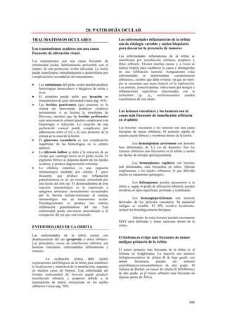 20. PATOLOGÍA OCULAR

TRAUMATISMOS OCULARES                                      Las enfermedades inflamatorias de la órbita
                                                           son de etiología variable y suelen biopsiarse
Los traumatismos oculares son una causa                    para descartar la presencia de tumores
frecuente de alteración visual
                                                           Las enfermedades inflamatorias de la órbita se
Los traumatismos son una causa frecuente de                manifiestan por tumefacción orbitaria, proptosis y
enfermedad ocular, habitualmente prevenible con el         dolor orbitario. Existen muchas causas y a veces se
empleo de una protección ocular adecuada. La lesión        realiza biopsia para establecer la causa y distinguirlas
puede manifestarse inmediatamente o desarrollarse por      de una infiltración tumoral. Antiguamente estas
complicaciones secundarias del traumatismo.                enfermedades se denominaban «seudotumores
                                                           orbitarios», nombre que debe evitarse, ya que no siem-
•    Las contusiones del globo ocular pueden producir      pre se encuentra una masa (tumor) en la exploración.
     hemorragias intraoculares o desgarros de retina y     Las arteritis, conectivopatías, infecciones por hongos e
     úvea.                                                 inflamaciones específicas relacionadas con la
•    El cristalino puede sufrir una luxación en            esclerótica     (p.   ej.,   esclerotenonitis)    pueden
     traumatismos de gran intensidad (véase pág. 441).     manifestarse de este modo.
•    Las heridas penetrantes (que penetran en la
     córnea sin atravesarla) producen cicatrices
     permanentes si se lesiona la membrana de              Las lesiones vasculares y los tumores son la
     Bowman, mientras que las heridas perforantes          causa más frecuente de tumefacción orbitaria
     (que atraviesan la córnea) pueden complicarse con     en el adulto
     hemorragia o infección. La curación de una
     perforación corneal puede complicarse por             Las lesiones vasculares y los tumores son una causa
     adherencias entre el iris y la cara posterior de la   frecuente de masas orbitarias. El aumento rápido de
     córnea en la zona de la lesión.                       tamaño puede deberse a trombosis dentro de la lesión.
•    El glaucoma secundario es una complicación
     importante de las hemorragias en la cámara                       Los hemangiomas cavernosos son lesiones
     anterior.                                             bien delimitadas, de 1-2 cm de diámetro. Son los
•    La siderosis bulbar se debe a la retención de un      tumores orbitarios más frecuentes en el adulto y suelen
     cuerpo que contenga hierro en el globo ocular. El     ser fáciles de extirpar quirúrgicamente.
     pigmento férrico se deposita dentro de los tejidos
     oculares, y produce degeneración retiniana.                    Los hemangiomas capilares son lesiones
•    La oftalmía simpática es una respuesta                mal delimitadas, más frecuentes en niños. Afectan
     inmunológica mediada por células T, poco              ampliamente a los tejidos orbitarios, lo que dificulta
     frecuente, que produce una inflamación                mucho su tratamiento quirúrgico.
     granulomatosa en un ojo normal, estimulada por
     una lesión del otro ojo. El desencadenante de esta               Los linfangiomas pueden presentarse a la
     reacción inmunológica es la exposición a              órbita y, según el grado de afectación orbitaria, pueden
     antígenos retinianos (normalmente secuestrados        dividirse en tipos superficial, profundo y combinado.
     por la barrera hemato-retiniana) al sistema
     inmunológico tras un traumatismo ocular.                        Los hemangiopericitomas son tumores
     Histológicamente se produce una intensa               derivados de los pericitos vasculares. Su potencial
     inflamación granulomatosa del ojo. Esta               maligno es variable. El 30% recidiva localmente,
     enfermedad puede prevenirse procediendo a la          incluso los histológicamente benignos.
     extirpación del ojo que está lesionado.
                                                                   Además de estas lesiones pueden encontrarse
                                                           MAV peor definidas y venas varicosas dentro de la
ENFERMEDADES DE LA ÓRBITA                                  órbita.

Las enfermedades de la órbita cursan con
desplazamiento del ojo (proptosis) o dolor orbitario.
                                                           El linfoma es el tipo más frecuente de tumor
Las principales causas de tumefacción orbitaria son        maligno primario de la órbita
lesiones vasculares, enfermedades inflamatorias y
tumores.                                                   El tumor primario más frecuente de la órbita es el
                                                           linfoma no hodgkiniano. La mayoría son tumores
           La evaluación clínica debe incluir              linfoplasmocitarios de células B de bajo grado; con
exploraciones morfológicas de la órbita para establecer    menor       frecuencia    pueden      ser      tumores
la localización y naturaleza de la tumefacción, seguidas   centroblásticos/inmunoblásticos de alto grado. El
en muchos casos de biopsia. Una enfermedad del             linfoma de Burkitt, un tumor de células B linfoblástico
tiroides (enfermedad de Graves) puede producir             de alto grado, es el tumor orbitario más frecuente en
tumefacción orbitaria y proptosis debido a la              algunas partes de África.
acumulación de matriz extracelular en los tejidos
orbitarios (véase pág. 303).



                                                                                                              446
 