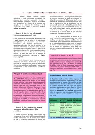 23. ENFERMEDADES MULTISISTEMICAS IMPORTANTES
          También     pueden    aparecer    diabetes        inicialmente normales, e incluso pueden aumentar en
secundarias a una enfermedad generalizada del               las primeras fases, antes de acabar descendiendo por
páncreas, por ejemplo, pancreatitis crónica y               debajo de los normales. El defecto en el tipo II es una
hemocromatosis, o debido a la secreción de hormonas         combinación de los efectos del déficit relativo de insu-
que antagonizan los efectos de la insulina, por             lina en comparación con las necesidades con un
ejemplo, en el síndrome de Cushing y en la                  fenómeno de resistencia a la insulina, debido al cual
acromegalia; estas diabetes se denominan diabetes           los tejidos son incapaces de responder a la insulina. Se
mellitus secundarias.                                       cree que la resistencia a la insulina se debe a una alte-
                                                            ración funcional de los receptores de ésta hormona en
                                                            la superficie de las células diana, lo que impide la
La diabetes de tipo I es una enfermedad                     entrada de la glucosa en esas células.
autoinmune específica de órgano
                                                                       En las células secretoras de insulina de los
Como indica uno de sus sinónimos, la diabetes de tipo       islotes pancreáticos se produce y segrega, junto con la
I suele aparecer en la infancia o adolescencia,             insulina, una proteína llamada amilina. En los
principalmente a consecuencia de trastornos                 diabéticos de tipo II esta proteína se acumula alrededor
bioquímicos que producen hiperglucemia y                    de los islotes pancreáticos, donde forma un depósito
cetoacidosis diabética. Este tipo de diabetes es un         de material amorfo de tipo amiloide (véase pág. 508).
fenómeno autoinmune; la mayoría de los pacientes            No se conoce su importancia, pero puede que
poseen anticuerpos circulantes frente a la población de     interfiera con la secreción subsiguiente de insulina por
células endocrinas de los islotes pancreáticos, entre       los islotes.
ellos anticuerpos frente a las células secretoras de
insulina. Se trata, por tanto, de un ejemplo de
enfermedad autoinmune especifica de órgano                  Patogenia de la diabetes de tipo II
(véase pág. 103).
                                                            No se conoce la patogenia exacta de la diabetes de tipo
           En la diabetes de tipo I, el páncreas presenta   II, aunque se han reconocido factores etiológicos como
infiltración linfocítica y destrucción de las células       la edad, la obesidad y una predisposición genética. Si
secretoras de insulina de los islotes de Langerbans.        bien los diabéticos de tipo II no poseen el genotipo
Esto provoca un déficit de insulina que, a su vez, causa    HLA-DR4, existe un fuerte componente genético; la
hiperglucemia y otras complicaciones metabólicas            concordancia en gemelos idénticos es del 90-100%. La
secundarias.                                                transmisión hereditaria se considera poligénica (véase
                                                            pág. 97).

Patogenia de la diabetes mellitus de tipo I
                                                            Diagnóstico de la diabetes mellitus
Los pacientes con diabetes de tipo I suelen poseer
HLA-DR3 o HLA-DR4, igual que otras enfermedades             El diagnóstico de la diabetes mellitus depende del
autoinmunes específicas de órgano. Se cree posible          hallazgo de hiperglucemia. Por lo general, un nivel
que una infección vírica sea la desencadenante de la        sanguíneo venoso en ayunas <7,8 mmol/l o un nivel
destrucción autoinmune de las células secretoras de         sanguíneo venoso al azar >11,1 mmol/l es indicativo
insulina; entre los virus implicados están los que          de diabetes mellitus. En los casos con niveles
causan infecciones infantiles frecuentes, como              sanguíneos de glucosa en ayunas o al azar en el límite
paperas, sarampión y Coxsackie B. Un posible                de la normalidad hay que distinguir entre diabetes
mecanismo consistiría en la inducción por parte de los      mellitus e intolerancia a la glucosa; para ello se
virus de pequeñas lesiones estructurales en los islotes     valora la respuesta a una sobrecarga oral de glucosa
del páncreas, con alteraciones de su antigenicidad, y       mediante la llamada prueba de tolerancia a la glucosa
que en ciertos individuos con propensión genética a         (fig. 23.8).
padecer enfermedades autoinmunes, por ejemplo, lo
que poseen HLA-DR4, se establecería una respuesta           Nivel           Momento de toma Glucosa           en
autoinmune contra las células secretoras de insulina        diagnóstico     de     la    muestra sangre venosa
lesionada.                                                                  sanguínea             total
                                                            Diabetes        Muestra en ayunas     >6,7 mmol/l
                                                            mellitus        2 horas después de >10,0 mmol/l
La diabetes de tipo II se debe a la falta de                                una carga de 75 g de
respuesta a la insulina en los tejidos                                      glucosa
periféricos                                                 Intolerancia a Muestra en ayunas      <6,7 mmol/l
                                                            la glucosa      2 horas después de 6,7-10,0
La diabetes de tipo II es cuatro o cinco veces más                          una carga de 75 g de mmol/l
frecuente que la de tipo I. A diferencia de ésta, en la                     glucosa
que hay una ausencia total de insulina, en la diabetes      Fig. 23.8 Diagnóstico de la diabetes mellitus.
de tipo II los niveles sanguíneos de insulina son




                                                                                                                505
 